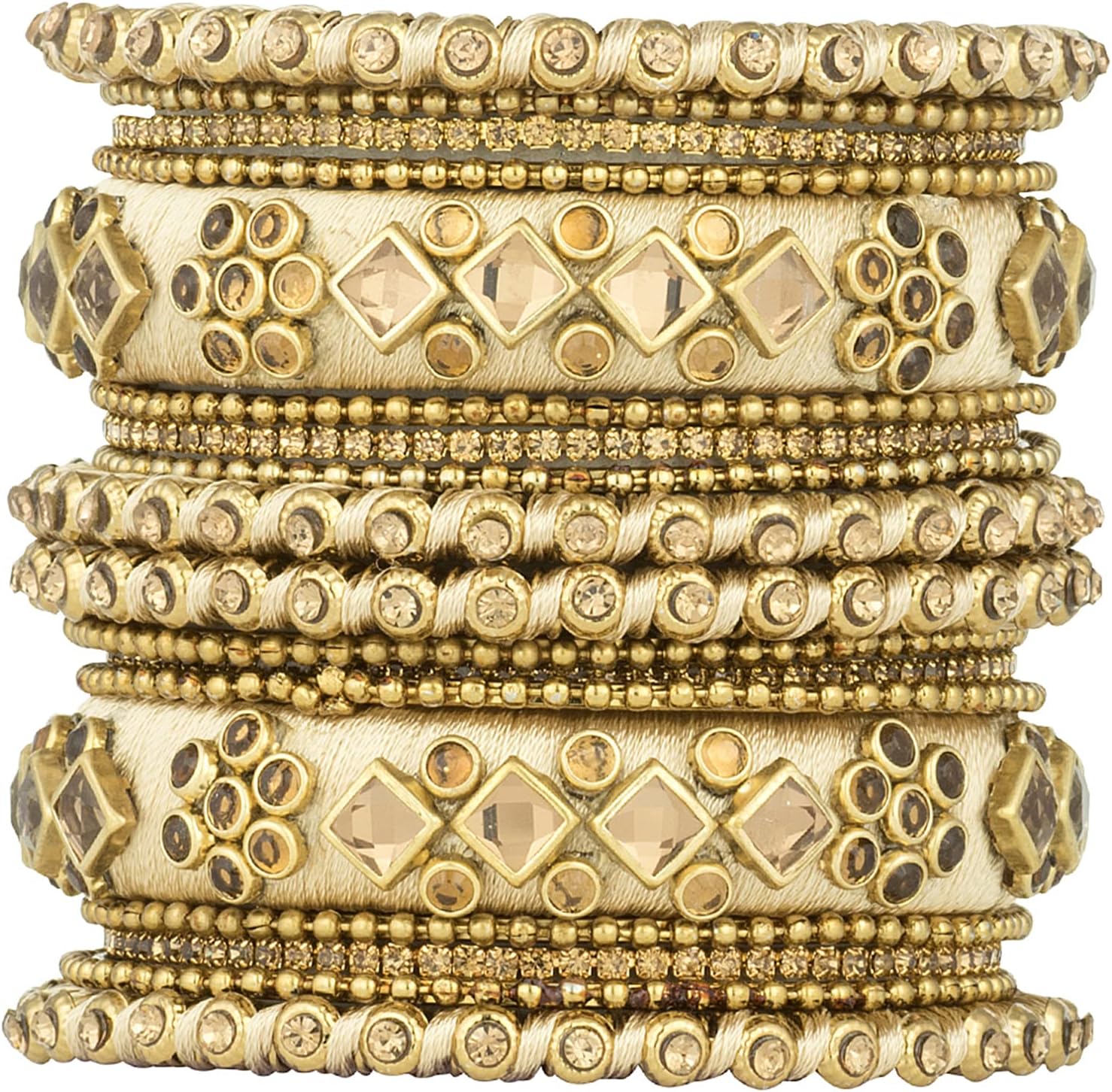 Aheli Ethnic Handmade Silk Thread Faux Stone Studded Bangle Set Chuda Indian Wedding Wear Fashion Jewelry Gift for Women (Cream 2.8 Inch)