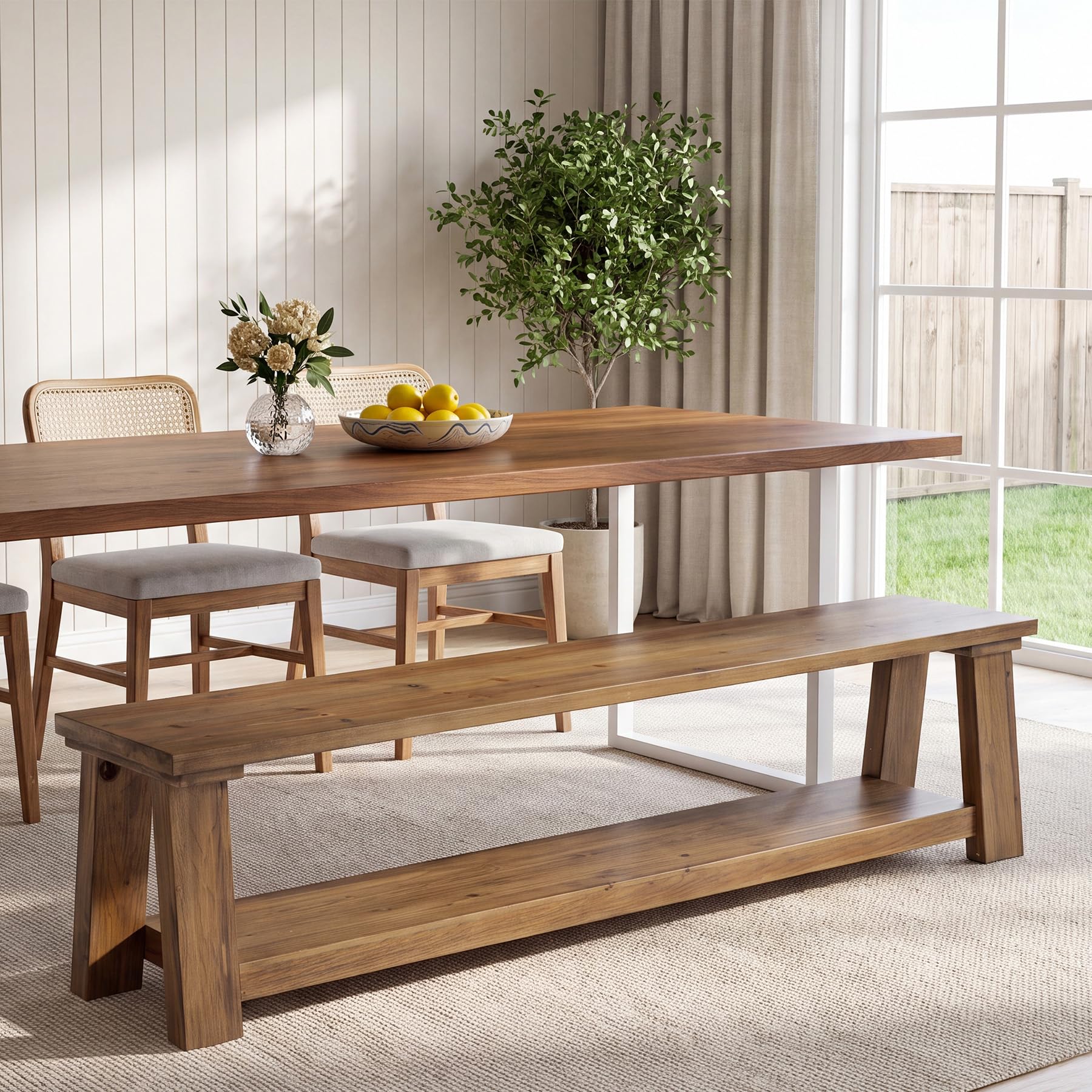 70.87" Long Solid Wood Dining Bench | Farmhouse Kitchen Bench with Storage Shelf for Dining Room, Kitchen, Entryway, Bedroom, Easy to Assemble