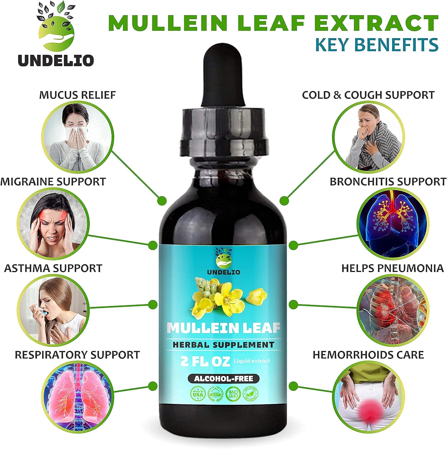 Mullein Leaf Liquid Extract 2 fl.oz. Vegan Supplement Help Respiratory & Digestive Function-Organic, Natural Sleep Aid-Non-GMO Verbascum Thapus Herbal Drops Alcohol and Sugar Free Made by UNDELIO : Health & Household