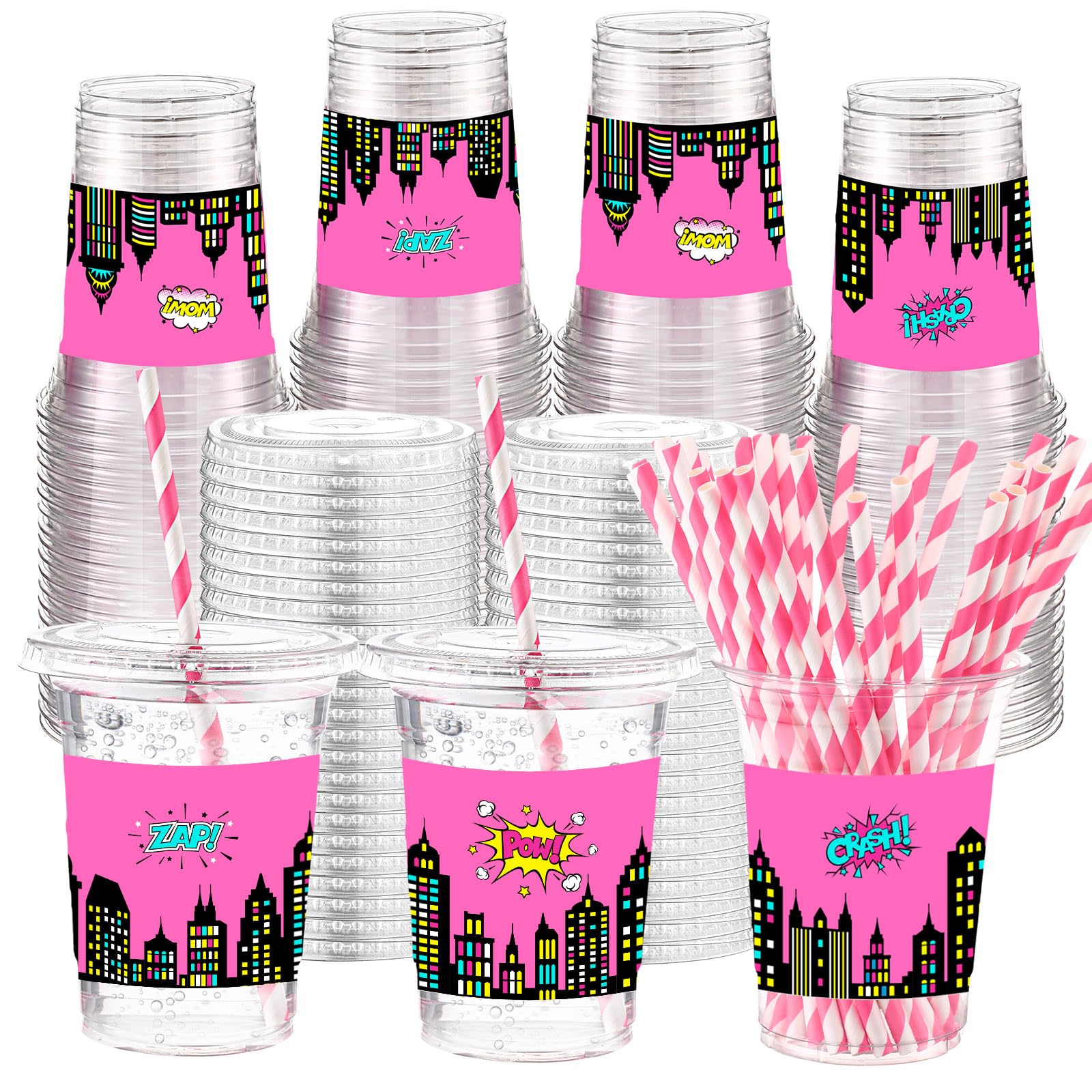 Yungyan 50 Sets Pink Hero Theme Party Plastic Cups with Lids and Straws 16 oz Coffee Juice Drinking Cups for Birthday Baby Shower Party Supplies