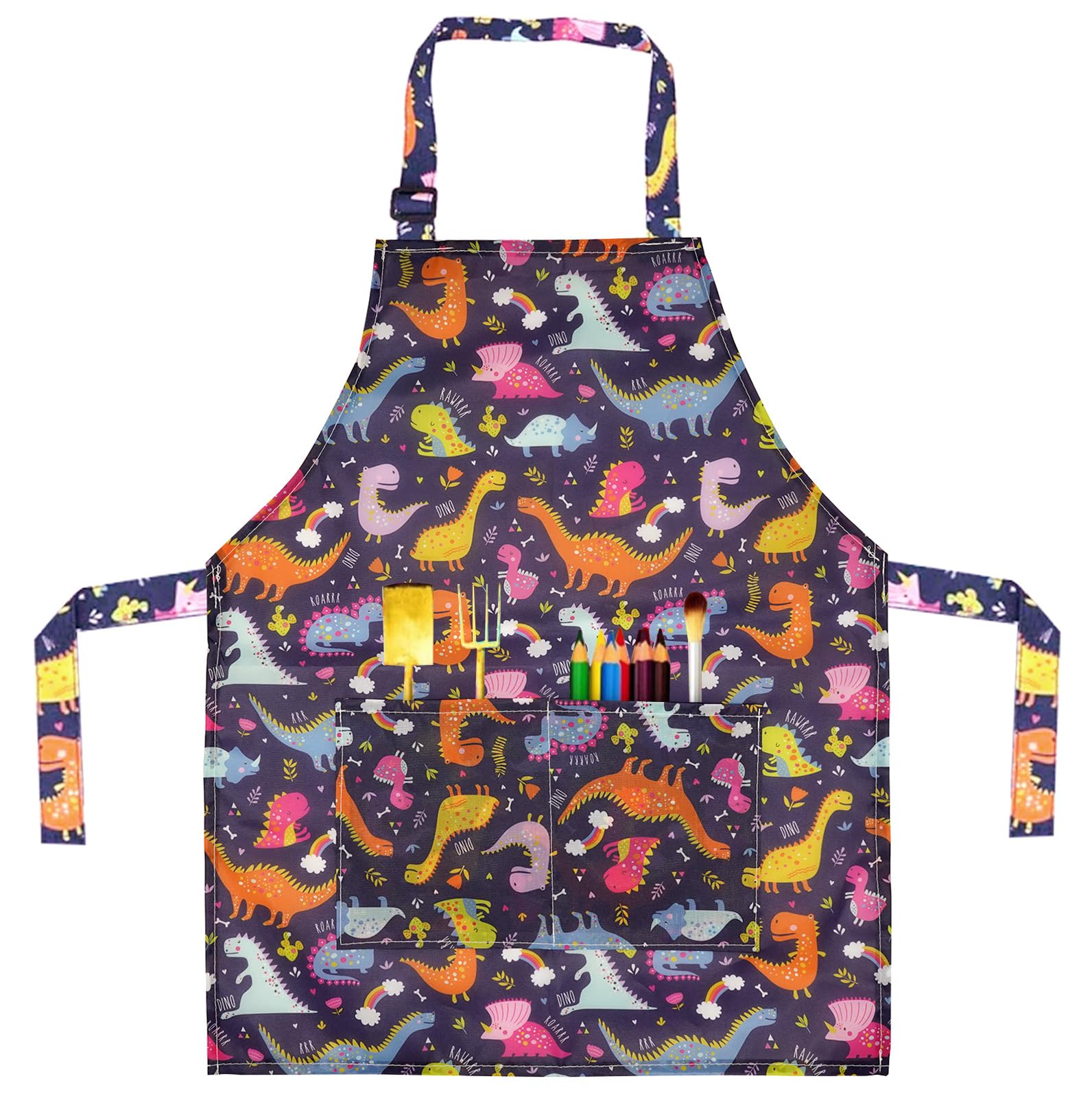 MESU Kids Aprons Cartoon Adjustable Child Chef Apron for Art Painting Gardeningg Dinosaur