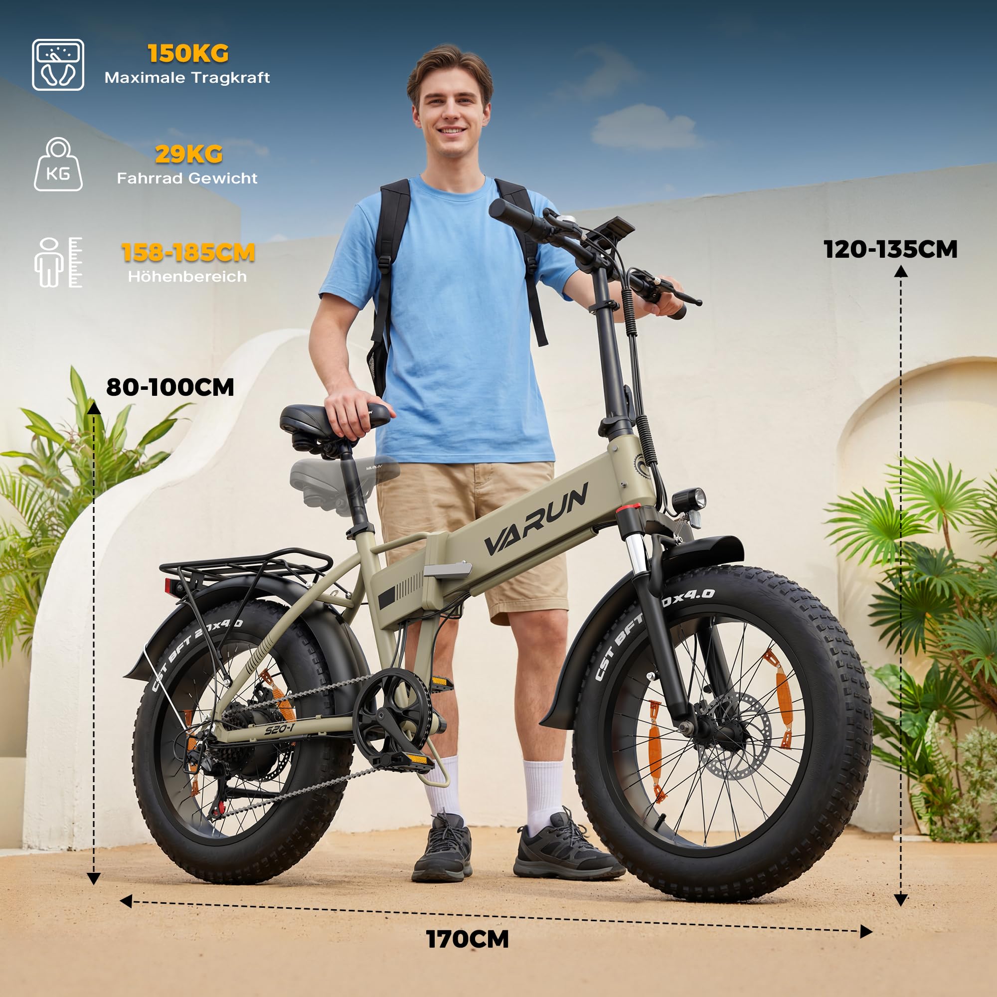 VARUN E Bike, 20 Zoll Elektrofahrräder mit 48V 13Ah (624Wh) Akku, bis 120KM Reichweite, 4.0 Fat tire Pedelec, StVZO, E-Bike Herren Damen mit 7-Gang für jedes Gelände, S20-1