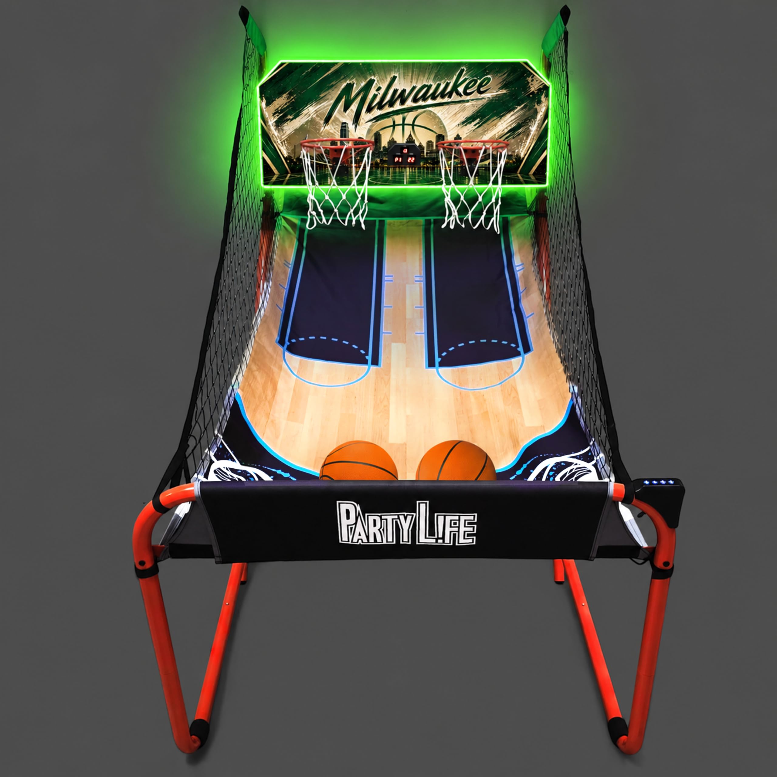 PartyLife 2-Player Basketball Arcade Game w/LED Lights | Electronic Scoring | 5 Balls, 1 Pump, 8 Games | Folding Design | Heavy-Duty Steel Frame