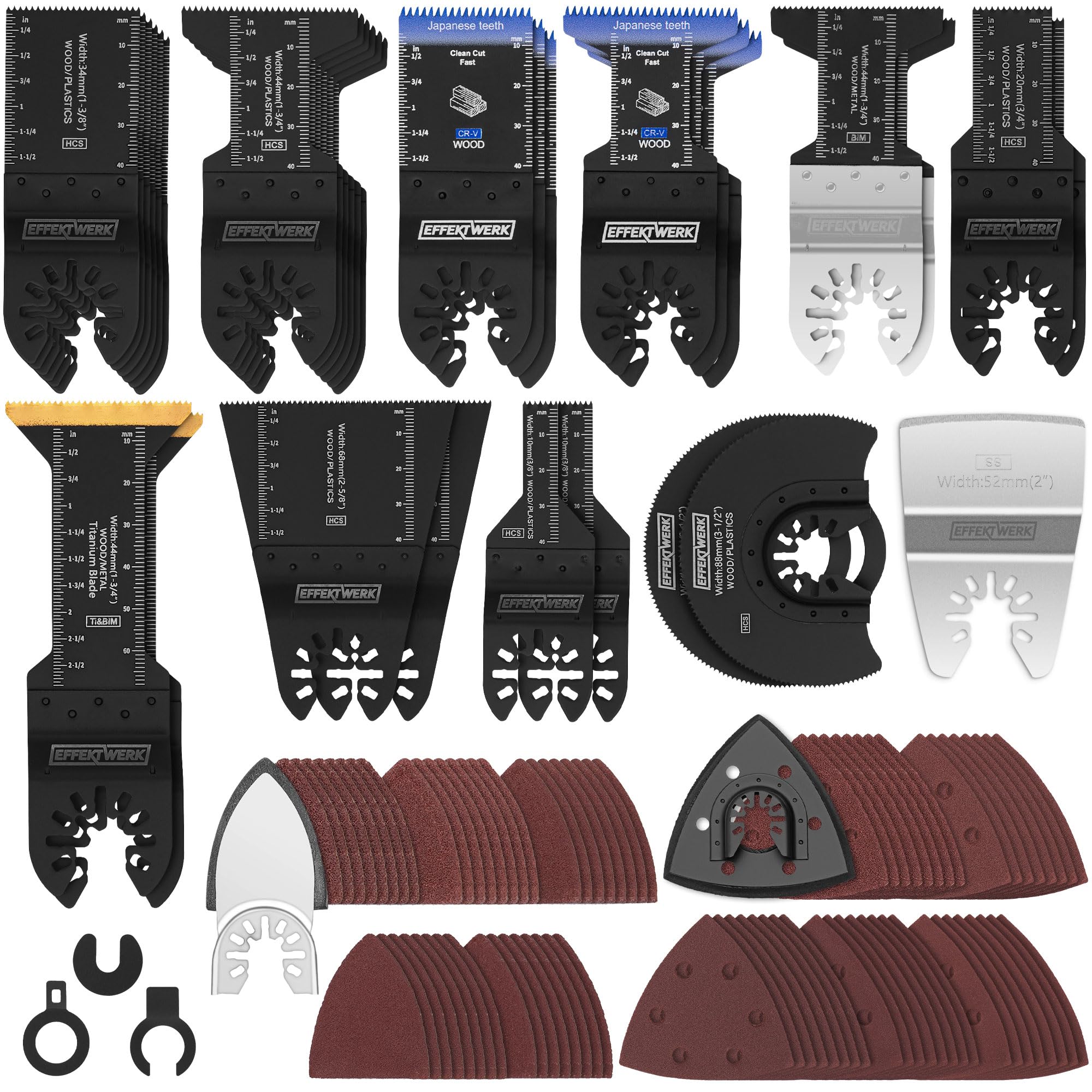 116 Pièces Lames de Scie et Kit de Ponçage pour Multitool - Accessoires Oscillants pour Bois, Plastique, Métal - Adaptateurs, Tampons de Ponçage, Papiers Abrasifs