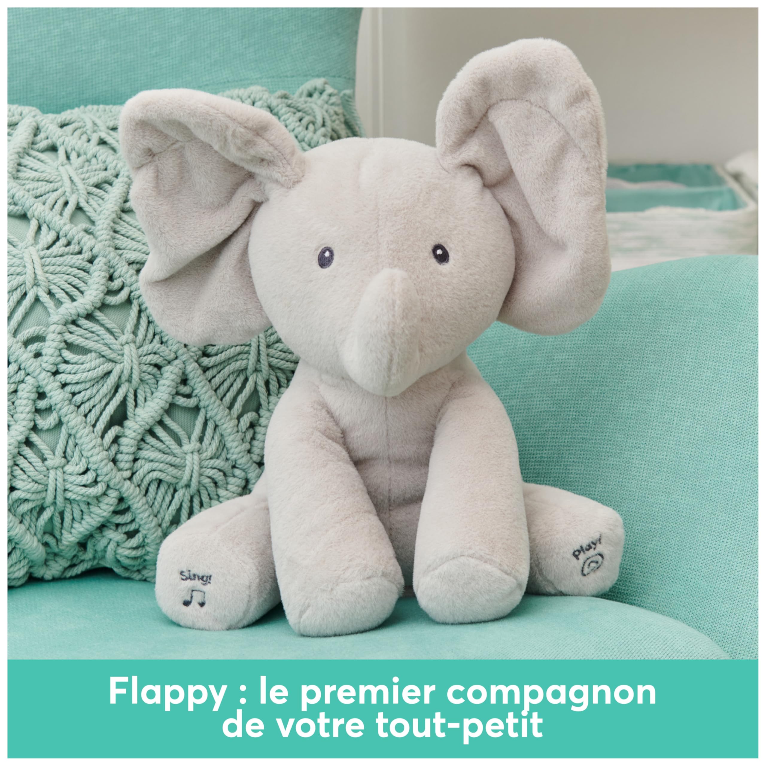 GUND - Flappy L'Éléphant - Peluche Interactive pour Bébé | Bouge Parle Et Chante En Français - Éveille Les Sens - Peluche Éléphant 30 Cm - Doudou Bébé - Piles - Jouet Bébé 1 An Et +