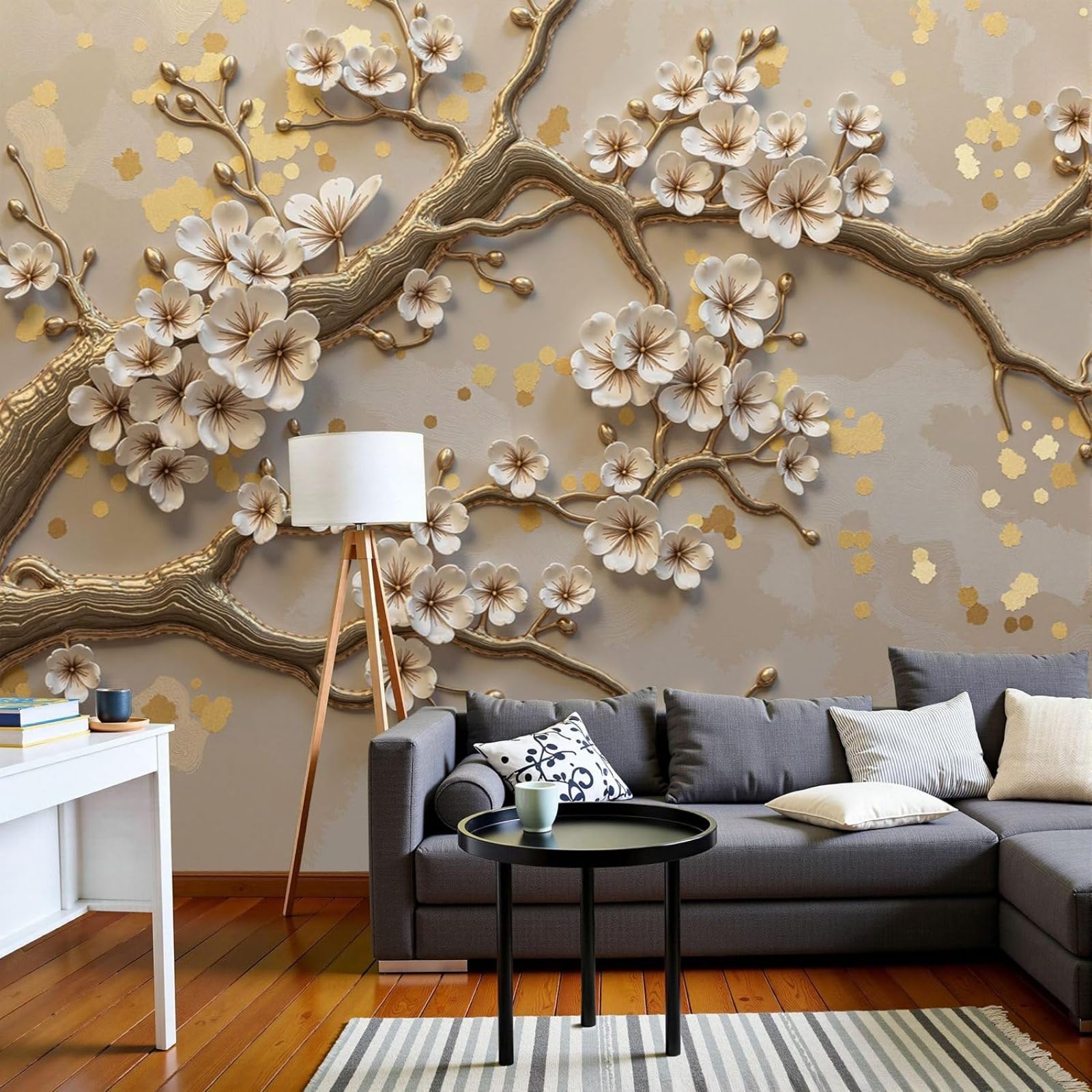 Wallpaper for children's room, golden blossom tree, living room; Chinese plum blossom, kitchen; beige XL wall covering, bedroom wallpaper, 250cm x 175cm; stickers - frameless painting - poster