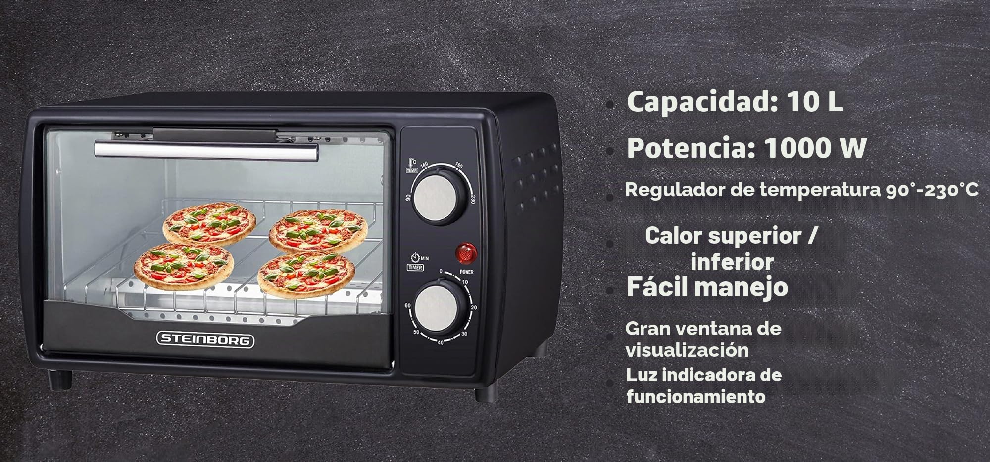 Minihorno de 1000 W, 10 litros, incluye Bandeja de horno y parrilla, Horno para pizza, 90° – 230 °C, Temporizador de 60 min, bandeja para migas plegable, horno pequeño