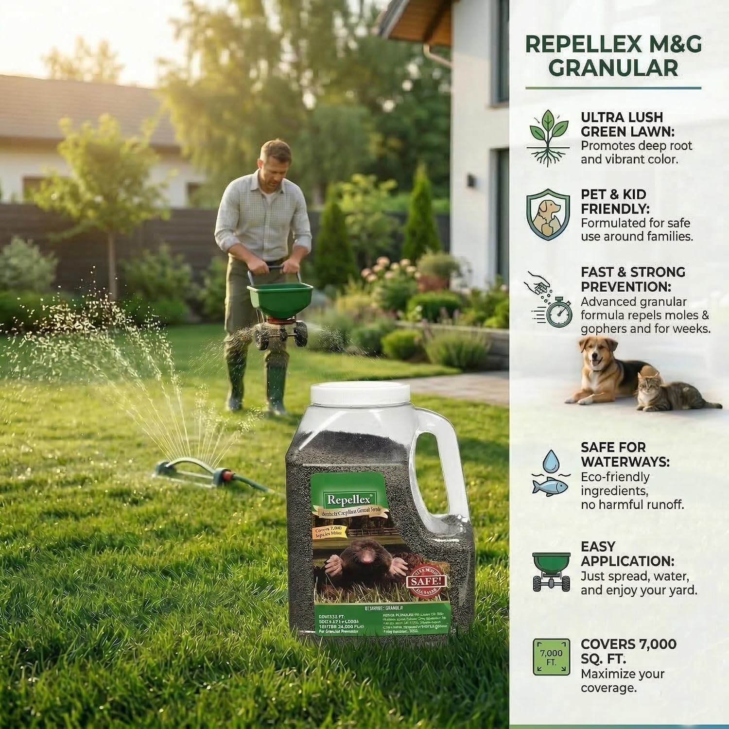 Mole and Gopher Repellent Granules, 7 lb Ready-to-Use Outdoor Lawn & Garden Protection, Powerful Vole Killer & Long-Lasting Mole Repellent, People & Pet Safe