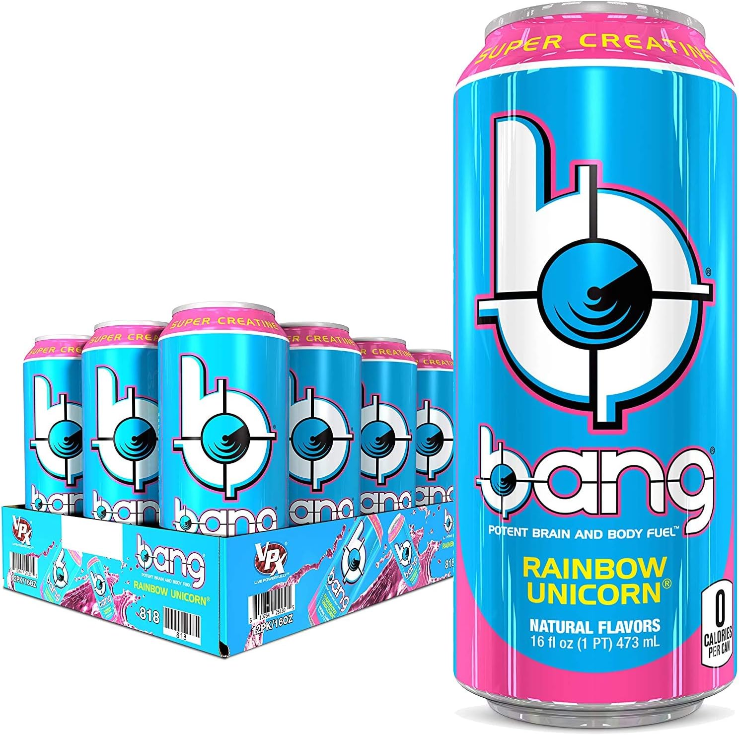 Bang Energy Rainbow Unicorn, Sugar-Free Energy Drink, 16 Fl Oz (Pack of 12) - Packaging May Vary