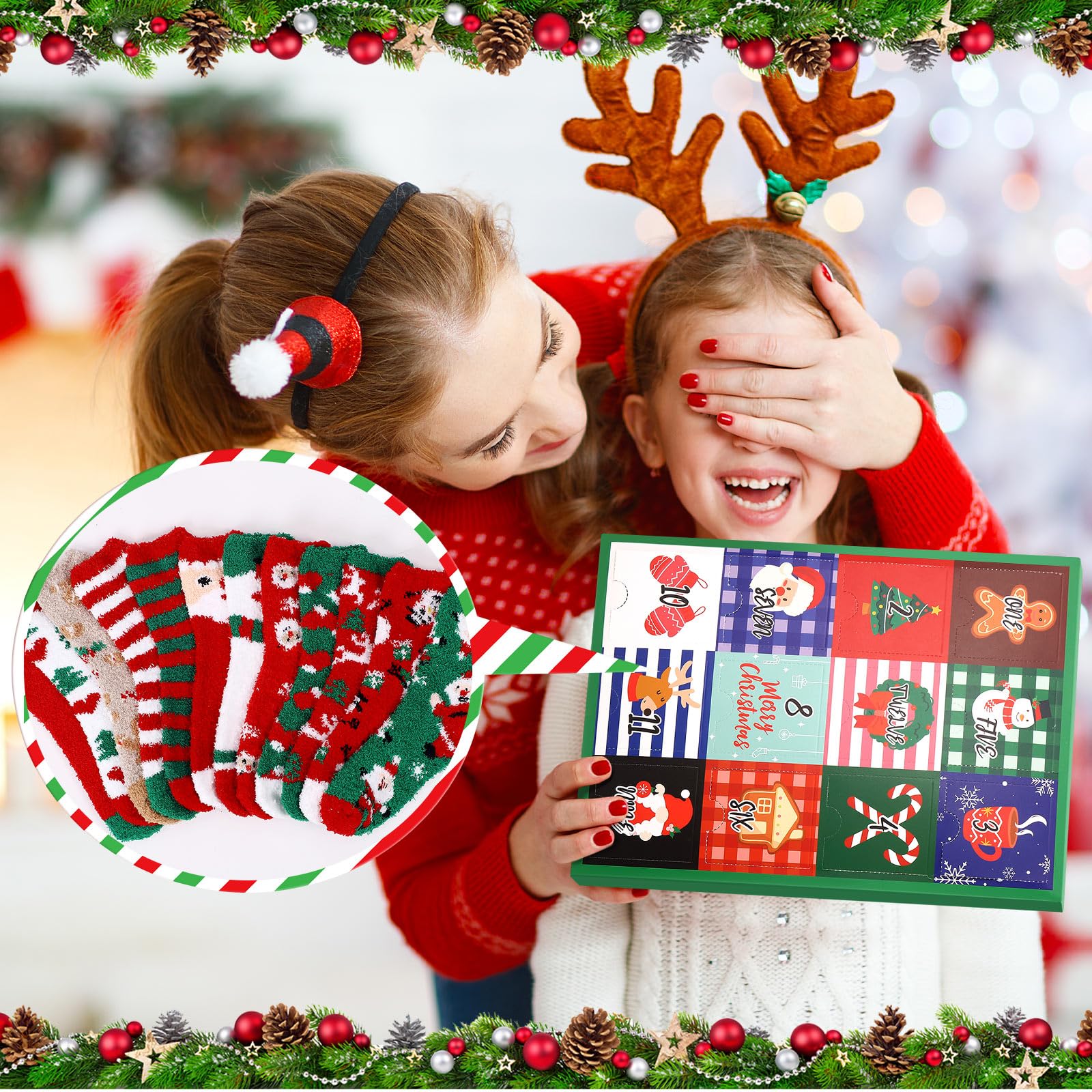 12 paia di calzini natalizi sfocati con calendario dell'avvento 2024, set di calzini unisex per adulti con conto alla rovescia di 12 giorni, regalo colorato, soffici e caldi, per feste di Natale