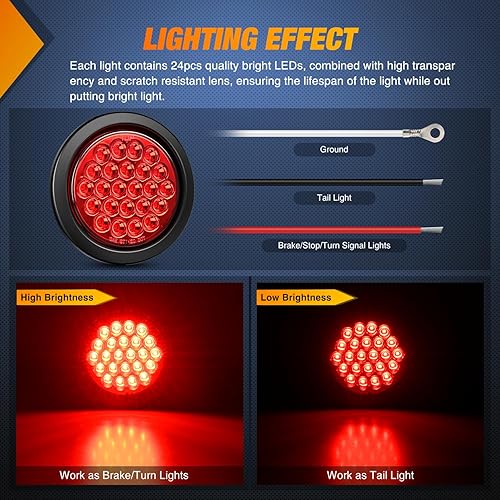 Miniatura 3 de Nilight Luz trasera redonda de 4 pulgadas, 2 unidades, 24 LED, luz roja de parada de freno y giro con ojales de montaje empotrado, impermeabilidad