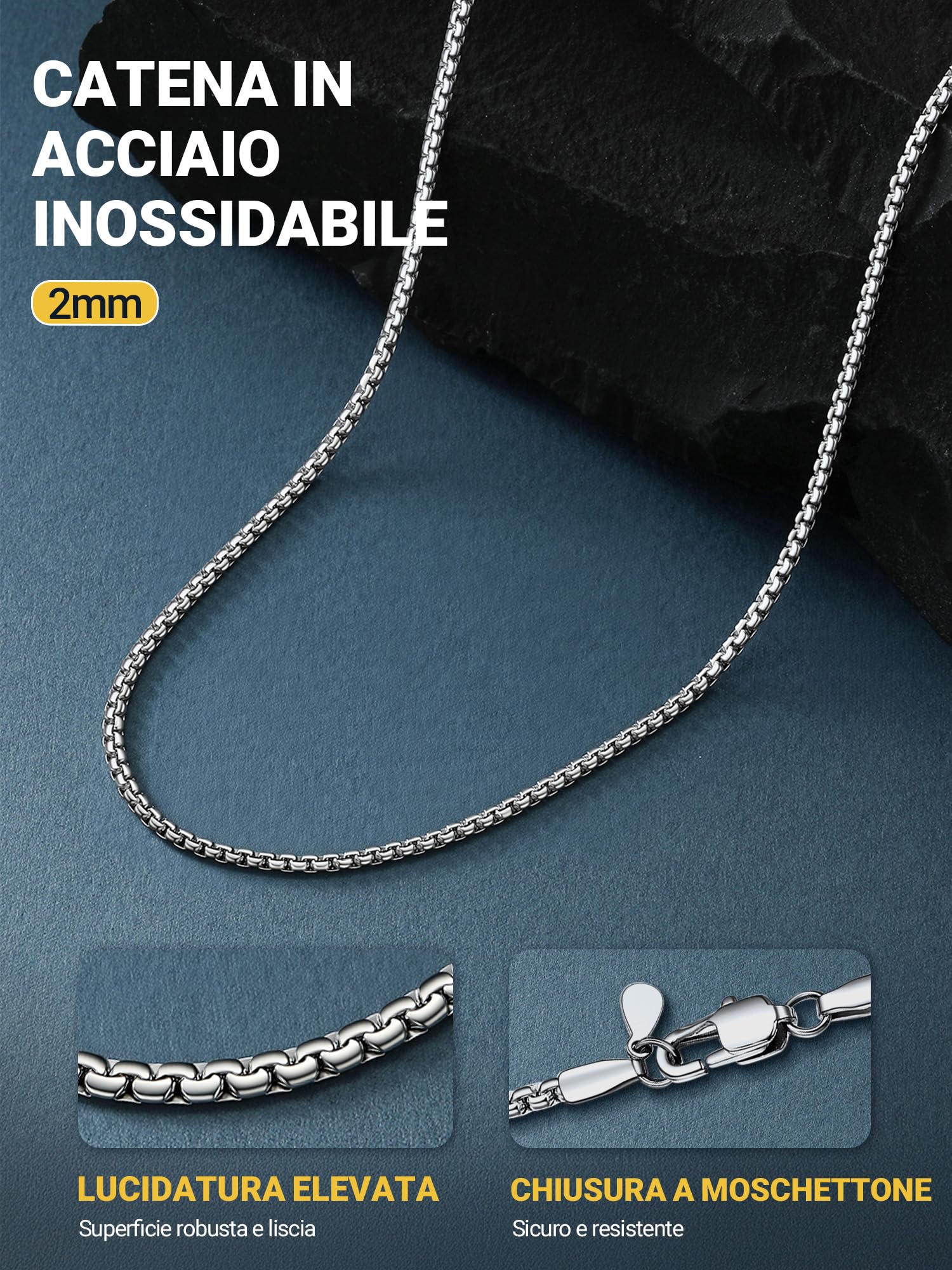 PROSTEEL Uomo Collana Catena Scatola Piatta Grande Robusta Sottile, Larghezza 4 mm 6 mm, Acciaio inossidabile/Placcato Oro 18K, Stile Hip Hop Punk, Argento Nero Oro, Regalo Perfettto (con Confezione)