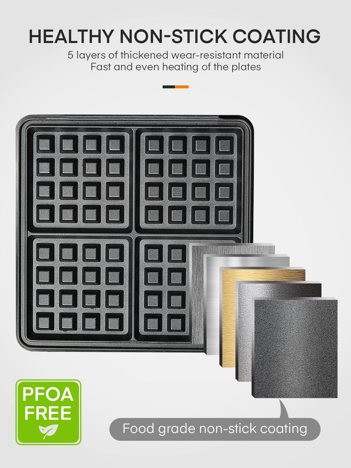 FOHERE 4-placas gofrera 1200W, revestimiento antiadherente, regulador de bruñido, acero inoxidable