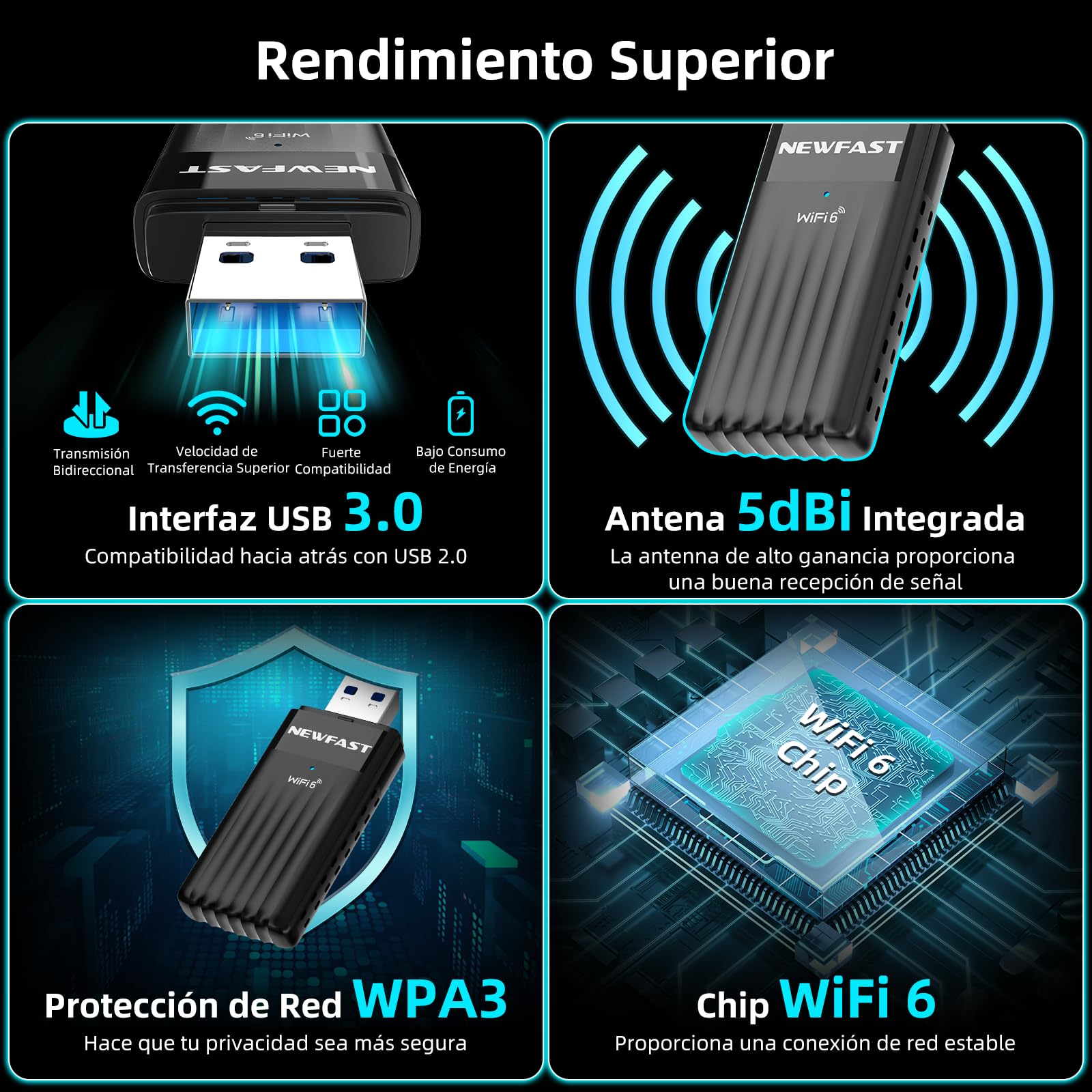 NEWFAST Adaptador WiFi6 USB AX3000, 5.8Ghz/2.4Ghz Adaptador WiFi USB para PC, 3000mbps Receptor WiFi Compatible con Windows 10/11, OFDMA y MU-MIMO, WPA3 y WPA2