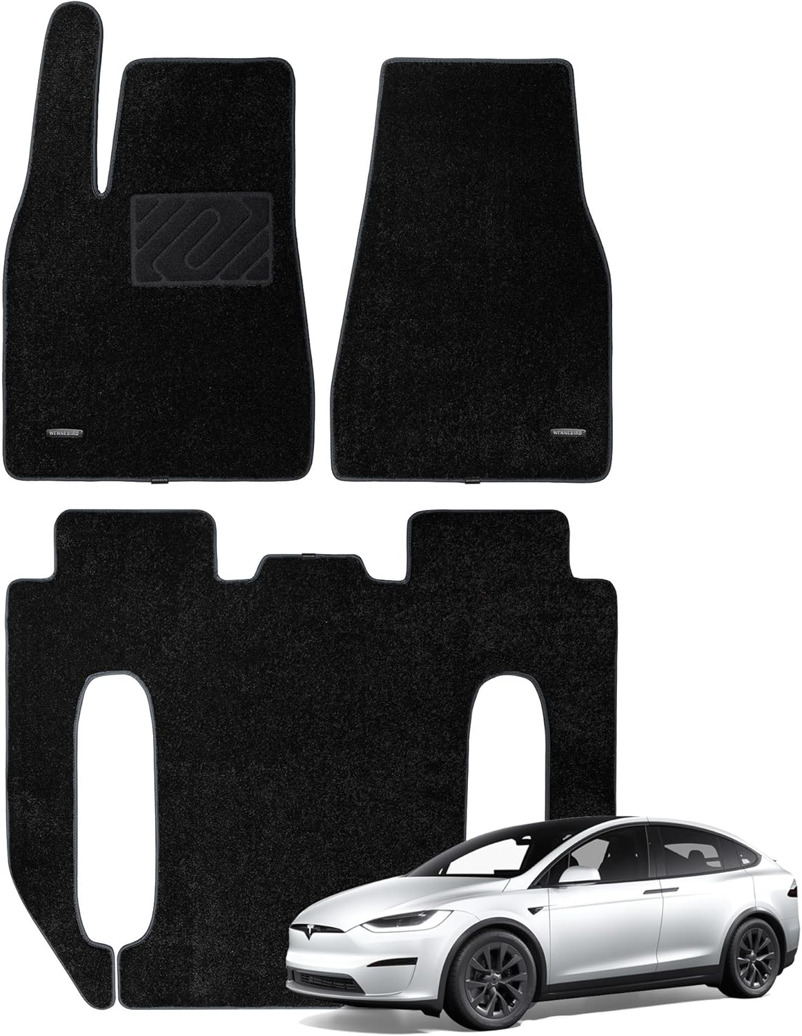 WENNEBIRD Superior Carpet Floor Mats for 2021-2026 Tesla Model X 6 Seats (Not for 5 Seats & 7 Seats & Chrome Rails), 0.6-Inch Ultra-Thick, Noise-Reducing, All-Weather Waterproof Anti-Slip – 3-Pc Set