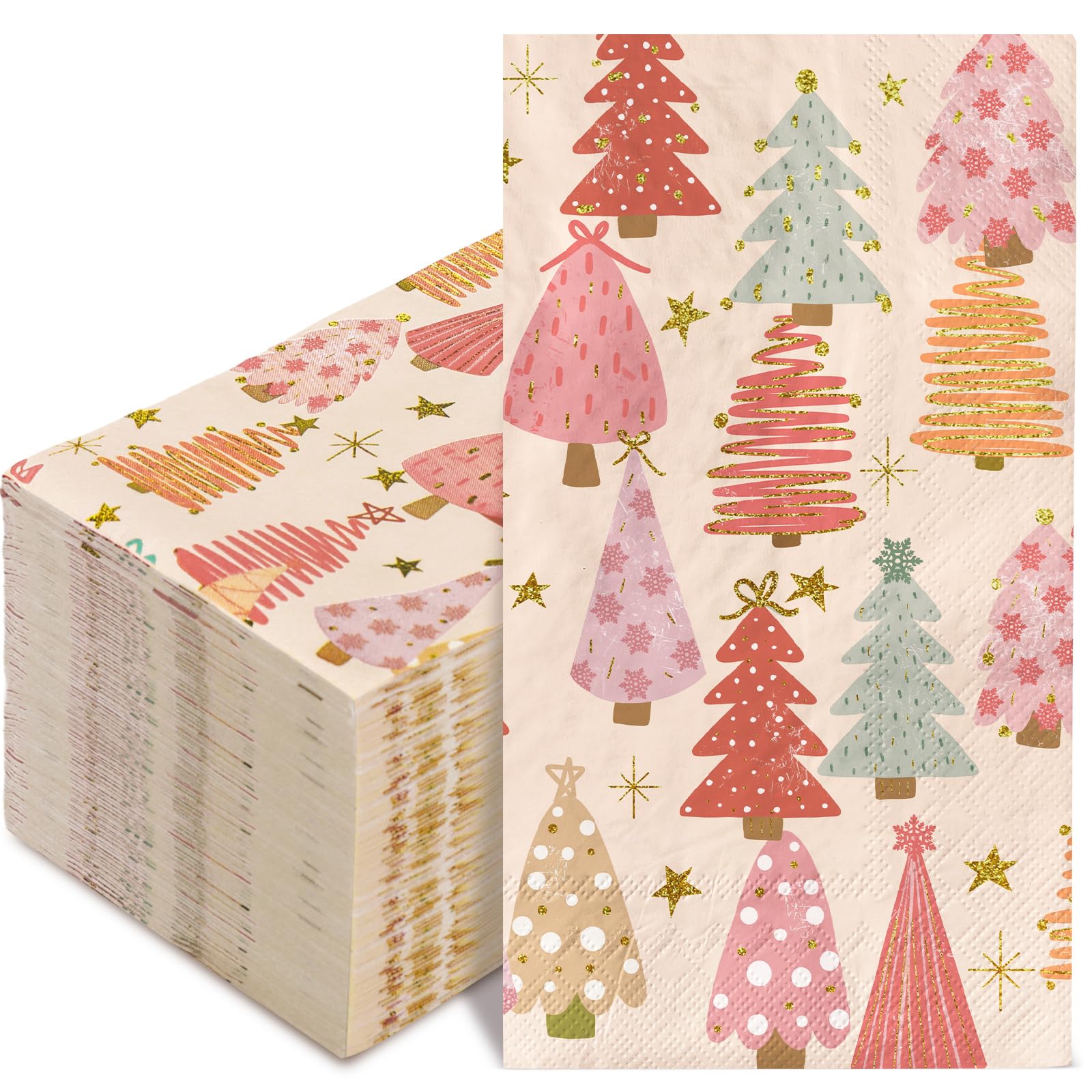 100 Pack Boho Christmas Guest Napkins Pink Xmas Tree Disposable Paper Napkins Forest Dinner Hand Napkin for Home Kitchen Bathroom, 13 x 15.7 Inch