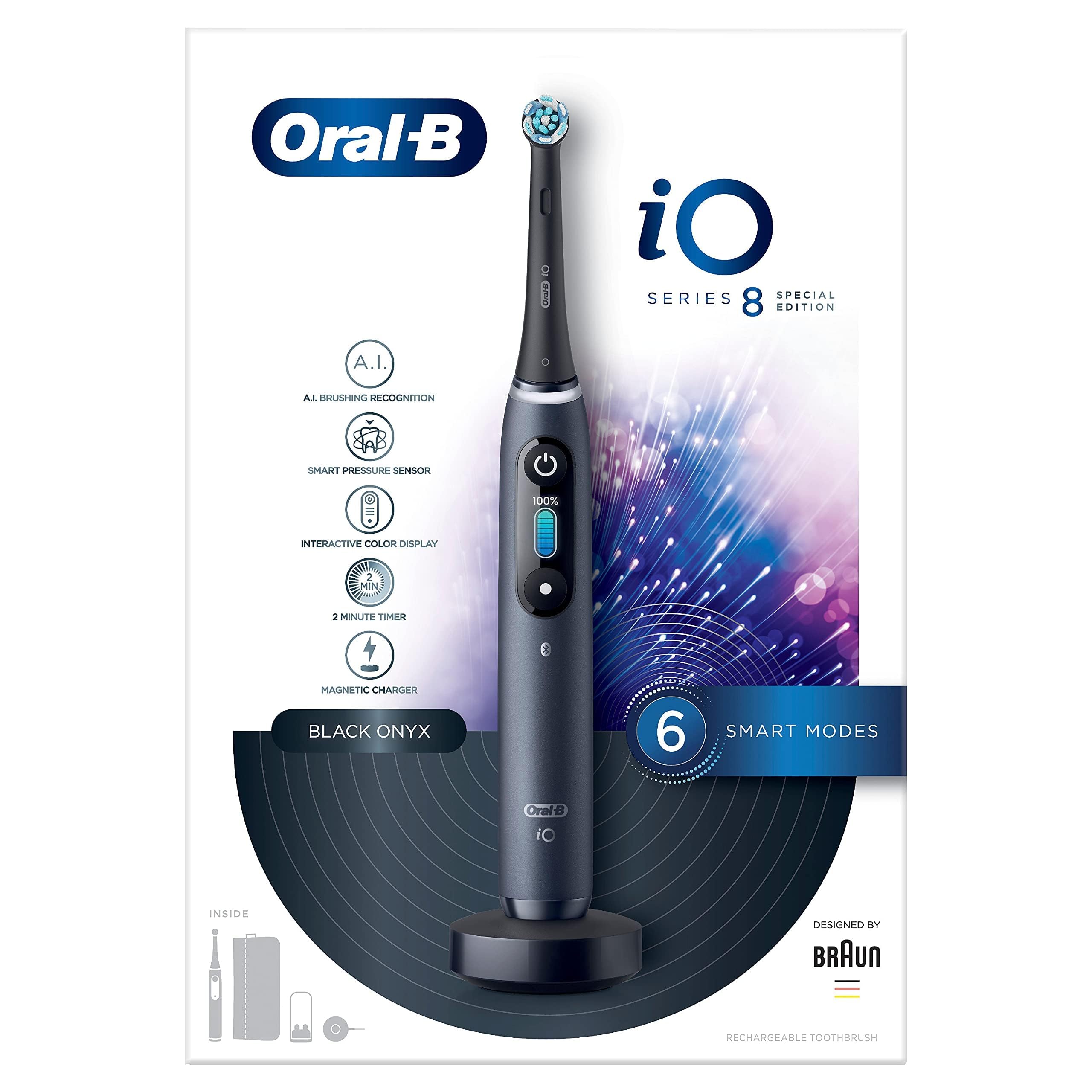 Oral-B Special Edition iO - 8 - Spazzolino Elettrico Ricaricabile Di Braun, 1 Spazzolino Nero Esclusivo Con Tecnologia Magnetica Rivoluzionaria, Display A Colori, 1 Testina, 1 Astuccio Magnetico