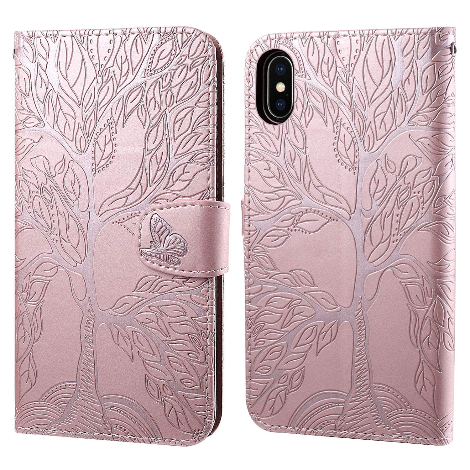 Cover Portafoglio In Pelle PU Per IPhone XS/iPhone X - Design Albero Della Vita Con Farfalla, 2 Slot E Supporto, Rosa - 3
