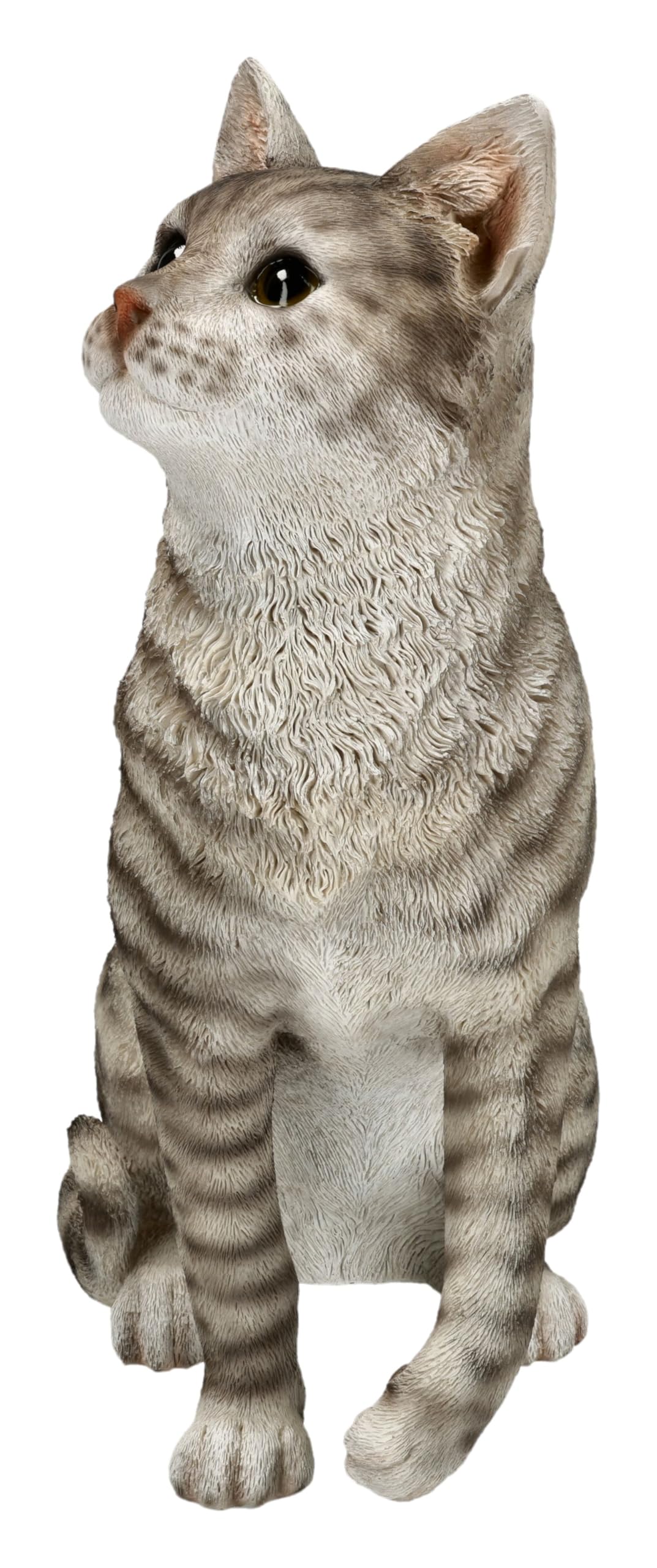 Figuren Shop GmbH Gartenfigur Katze sitzend 34,5 cm – grau getigerte Katzenfigur mit erhobener Pfote aus Polyresin, handbemalt und wetterfest – Tierfigur Gartenskulptur für Haustür und Terrasse