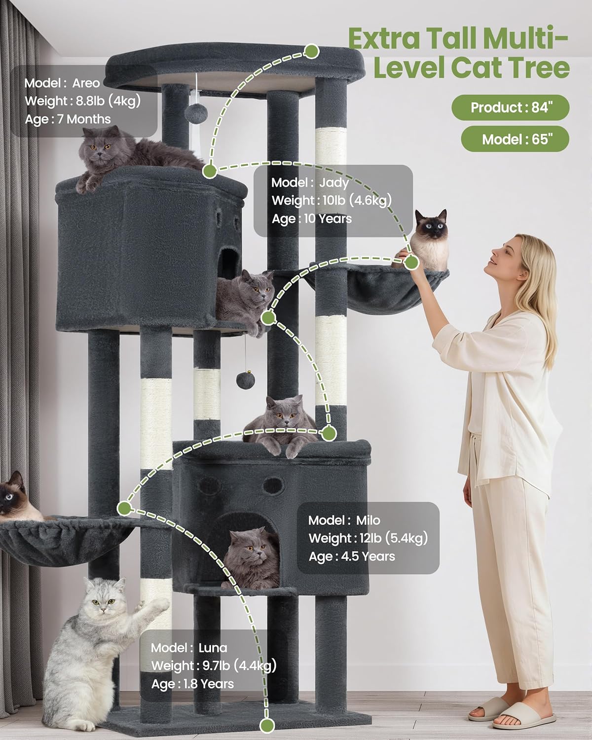 Extra Large Cat Tree, 84 Inch XXL Giant Cat Tower for Indoor Cats Large Adult 20lb+, Multi-Level Cat Climbing Condo with 5 Scratching Posts, 3 Wide Platform Perches, 2 Baskets, 2 Cat Caves