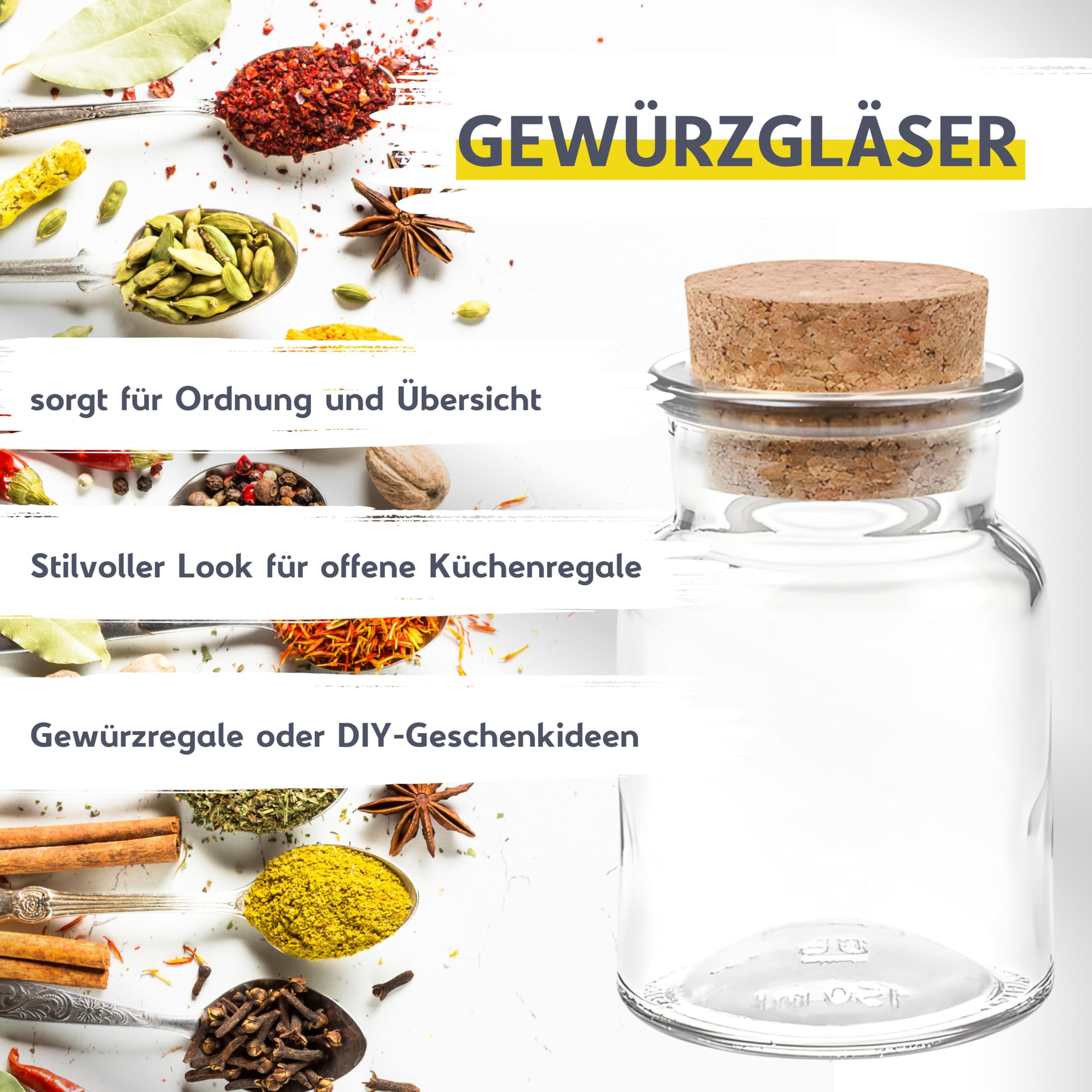mikken 24 Gewürzgläser 150ml mit Korken – runde Glasbehälter mit Kork-Verschluss inkl. Holzschaufel – Vorratsgläser für Gewürze, Kräuter & Deko (24)