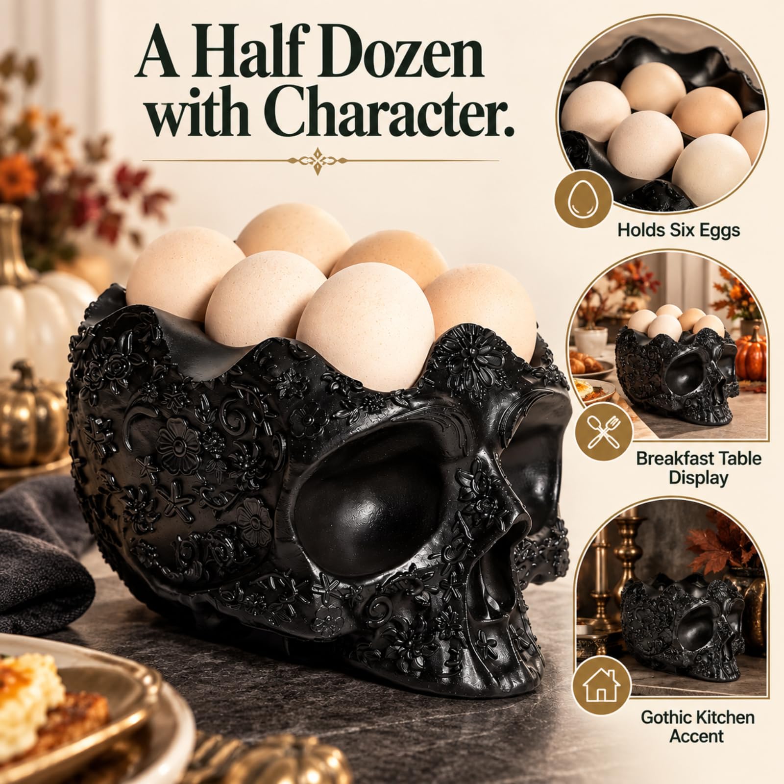 Gute Totenkopf-Eierhalter, Behälter, 15.2 cm, Halloween, halbes Dutzend, dekorativer Eierhalter, Aufbewahrungs-Organizer, Serviergeschirr, Frühstück, Gothic-Dekor, Skelett-Geschenke