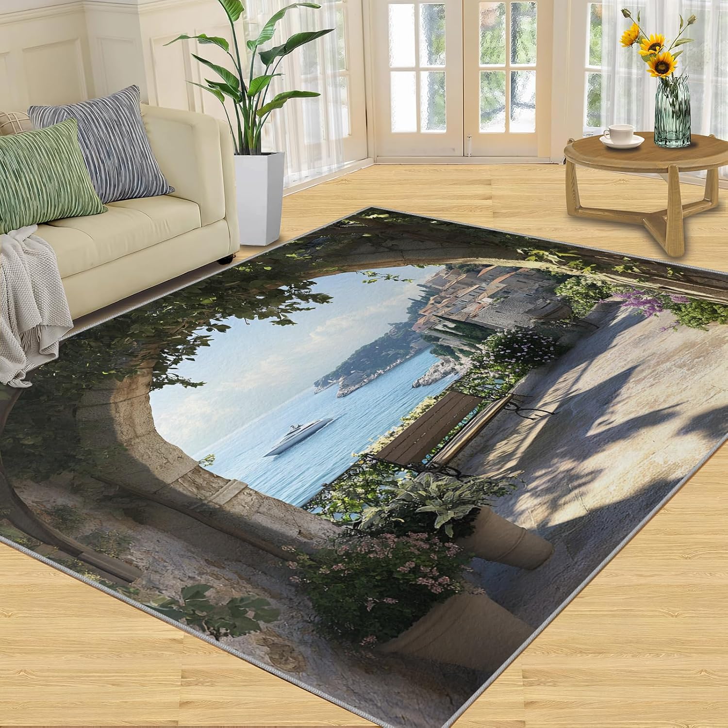 Mediterranean View Area Rug 5x7ft Sea View Archway Rugs, Coastal Town Vista Rug, European Seaside Balcony Rug, Fantasy Indoor Jungle Decor Carpet, for Washable Living Room Home Decor