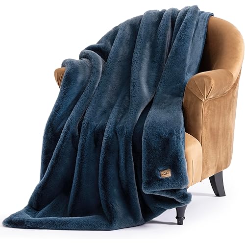 UGG Plush Faux Fur Throw Blanket Reversible Medium Weight Luxury Soft Throw Blankets for Bed or Chair, Hypoallergenic, Machine Washable, Home Decor, 50-inch x 70-inch, Indigo Navy Blue (Euphoria)