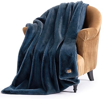 UGG Plush Faux Fur Throw Blanket Reversible Medium Weight Luxury Soft Throw Blankets for Bed or Chair, Hypoallergenic, Machine Washable, Home Decor, 50-inch x 70-inch, Indigo Navy Blue (Euphoria)