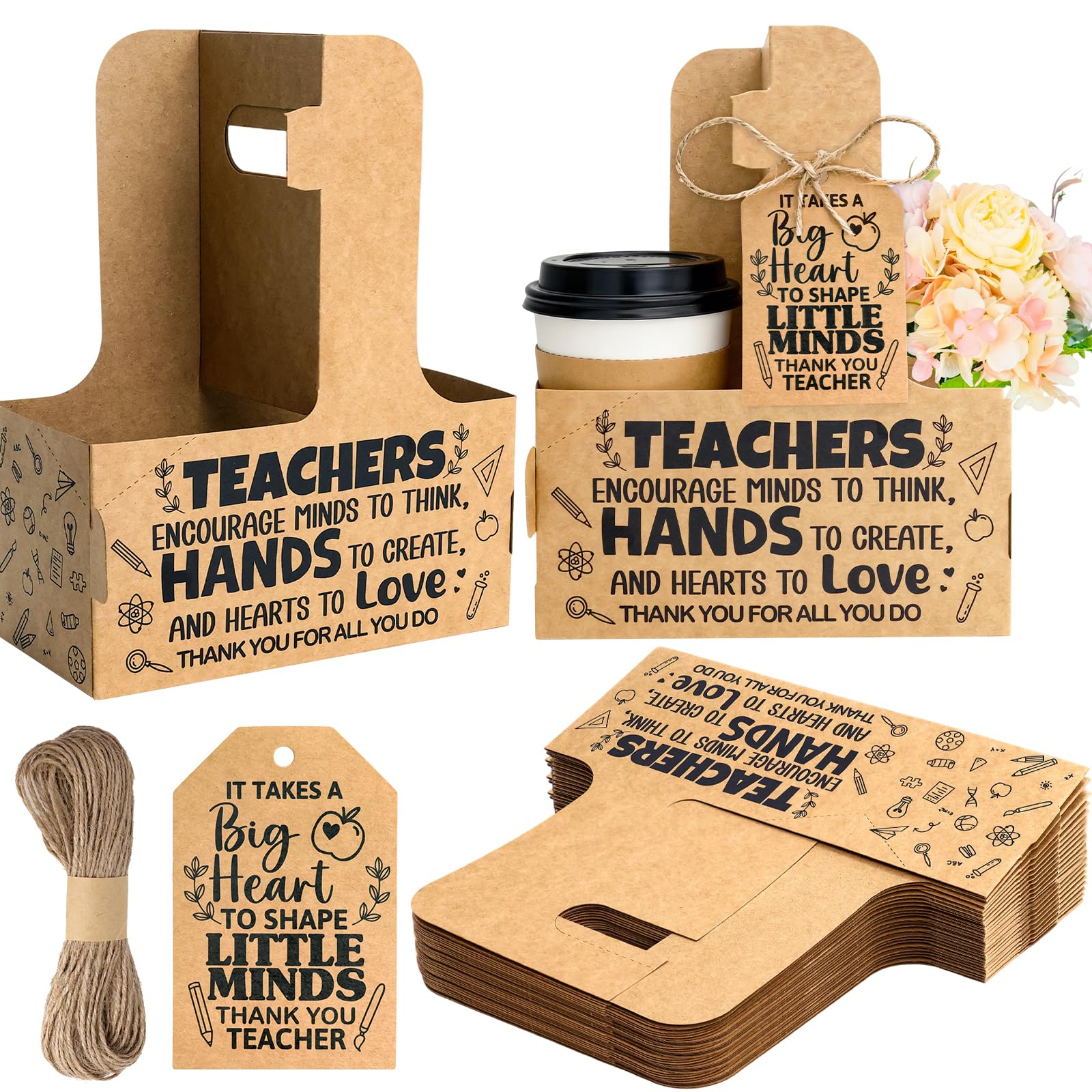Photo 1 of Fancy Land End of Year 2 Cup Drink Carrier with Handle for Teachers Disposable Kraft Cup Holder with Labels from Kids Students Gratitude Supplies Gradation Appreciation Favors 24Pcs