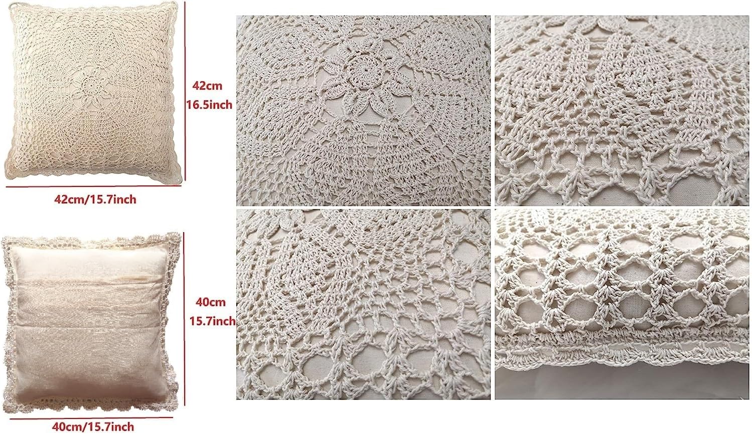 Kamay's Decorative Pillow Covers Cotton Vintage Handmade Crochet Throw Pillow Cushion Covers Handcraft Pillowcase 3D Lace Floral Pattern Rural Style (D Beige-2PCS)