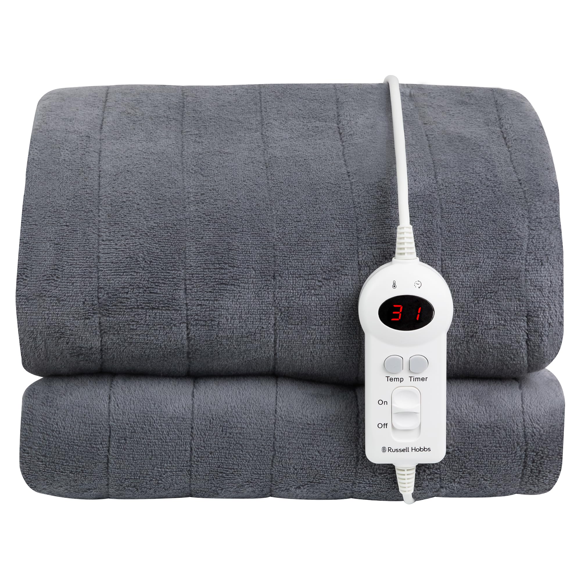 Russell Hobbs RHHT1004GR Couverture chauffante en micropolaire avec télécommande numérique, arrêt automatique, protection contre la surchauffe, minuterie de 12 heures, 9 réglages de chaleur Gris 130 x