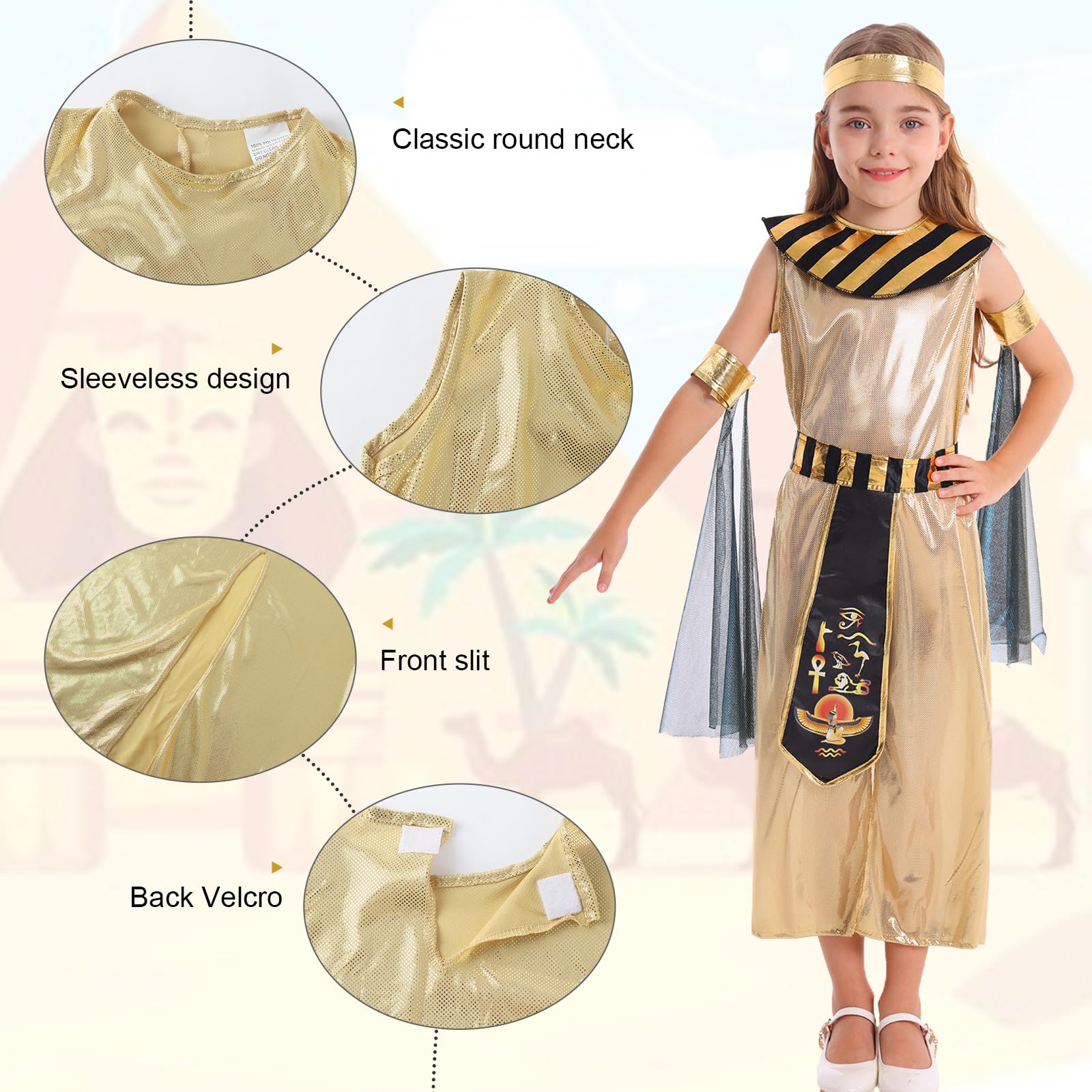KumSoomliy Girls Queen Costume Ancient Egyptian Costumes for Kids Girls Fancy Dress for Halloween Age 8-9Y - Image 3