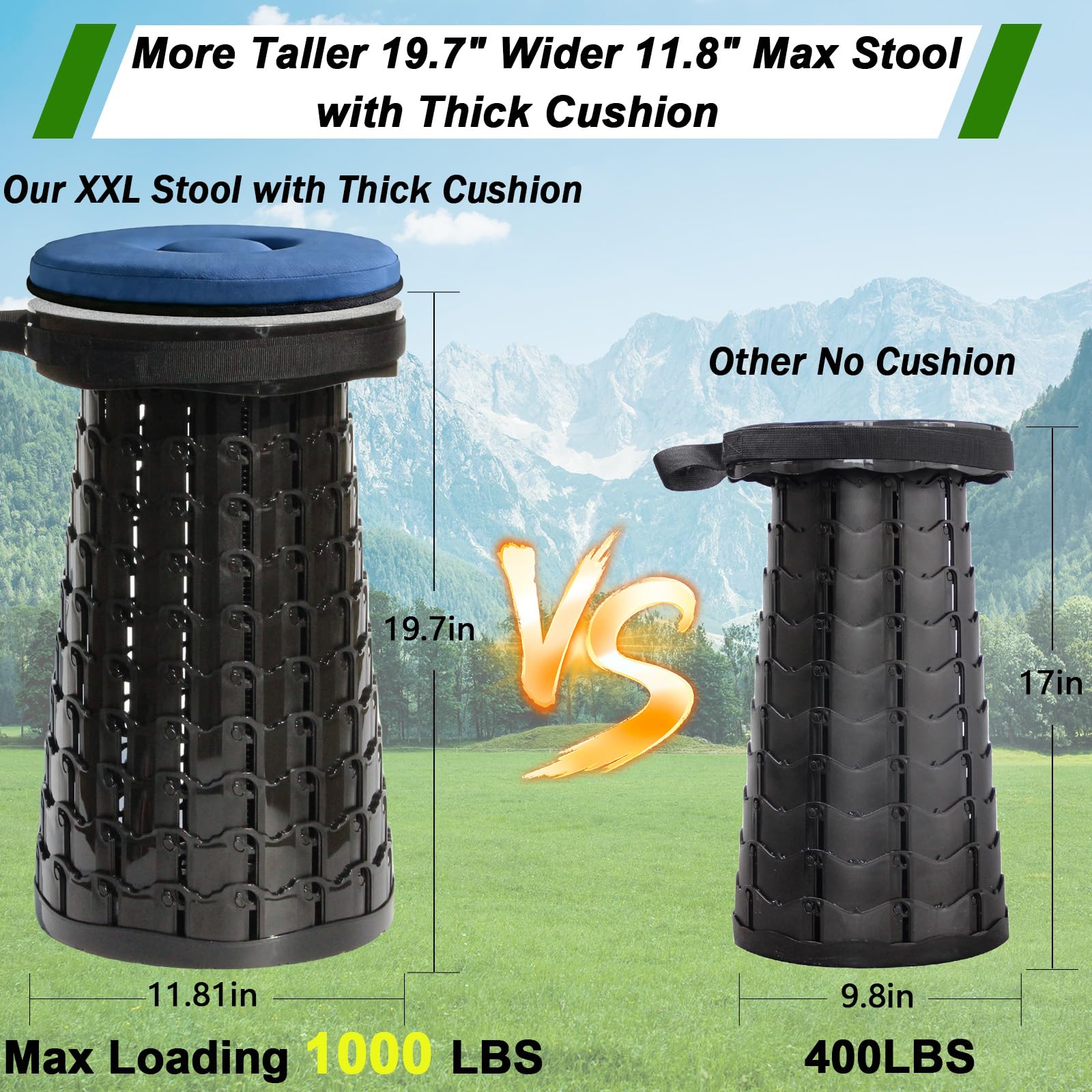 Upgrade XXL Collapsible Stool mit Kissen, tragbare Hocker für Erwachsene, stabilerer Klappstuhl mit Ladungskapazität 1000 Pfund, einziehbarer Campinghocker für Outdoor, Wandern, Reisen