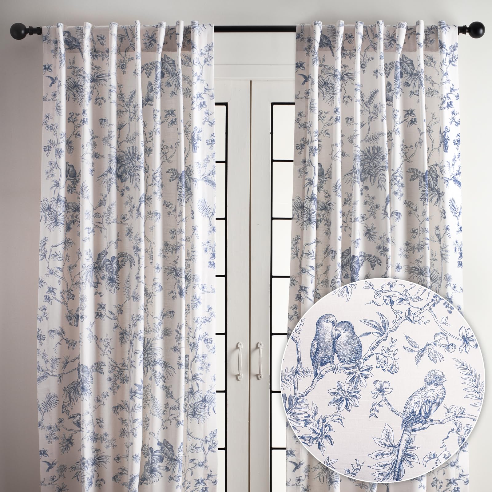 Maison d' Hermine Curtains for living room 100% Cotton 108 inch length Two Panels Light Filtering Toile Curtains for Bedroom Windows with rod and loop