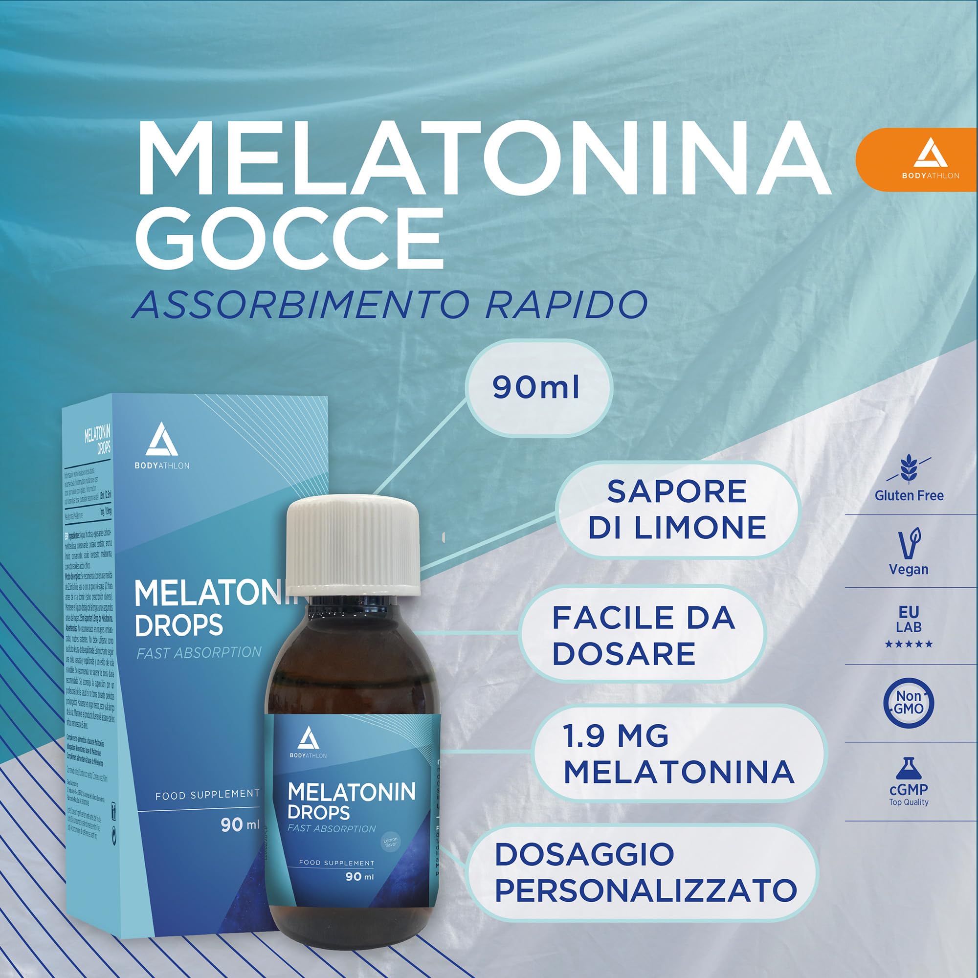 Melatonina pura in gocce 90ml |Melatonina bambini e adulti per Dormire Meglio |Aiuta con l’insonnia| Gocce per dormire effetto rapido e duraturo |Aroma limone| Vegano| BODYATHLON