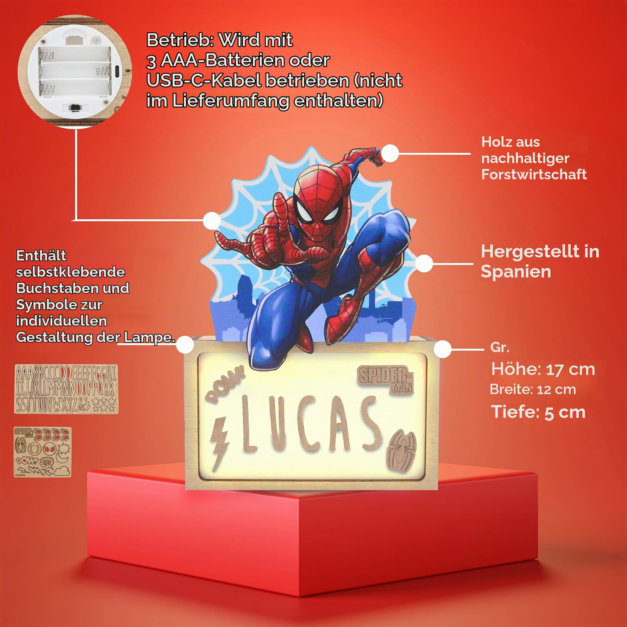 WONDEE Offizielle Marvel Spider-Man Lampe Personalisierte - Nachtlicht und Dekoration Kinder Spiderman, Personalisierte Geschenke für Kinder Junguen, Disney Marvel Spider-Man Geschenke/Sachen