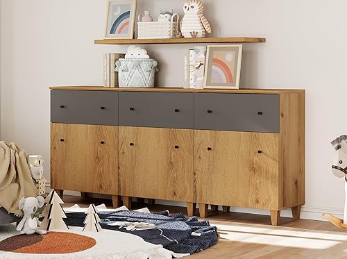 Miniatura 9 de WAMPAT Cómoda con 2 cajones y puertas para dormitorio, 2 en 1, moderno organizador de almacenamiento de armario de madera beige con estantes