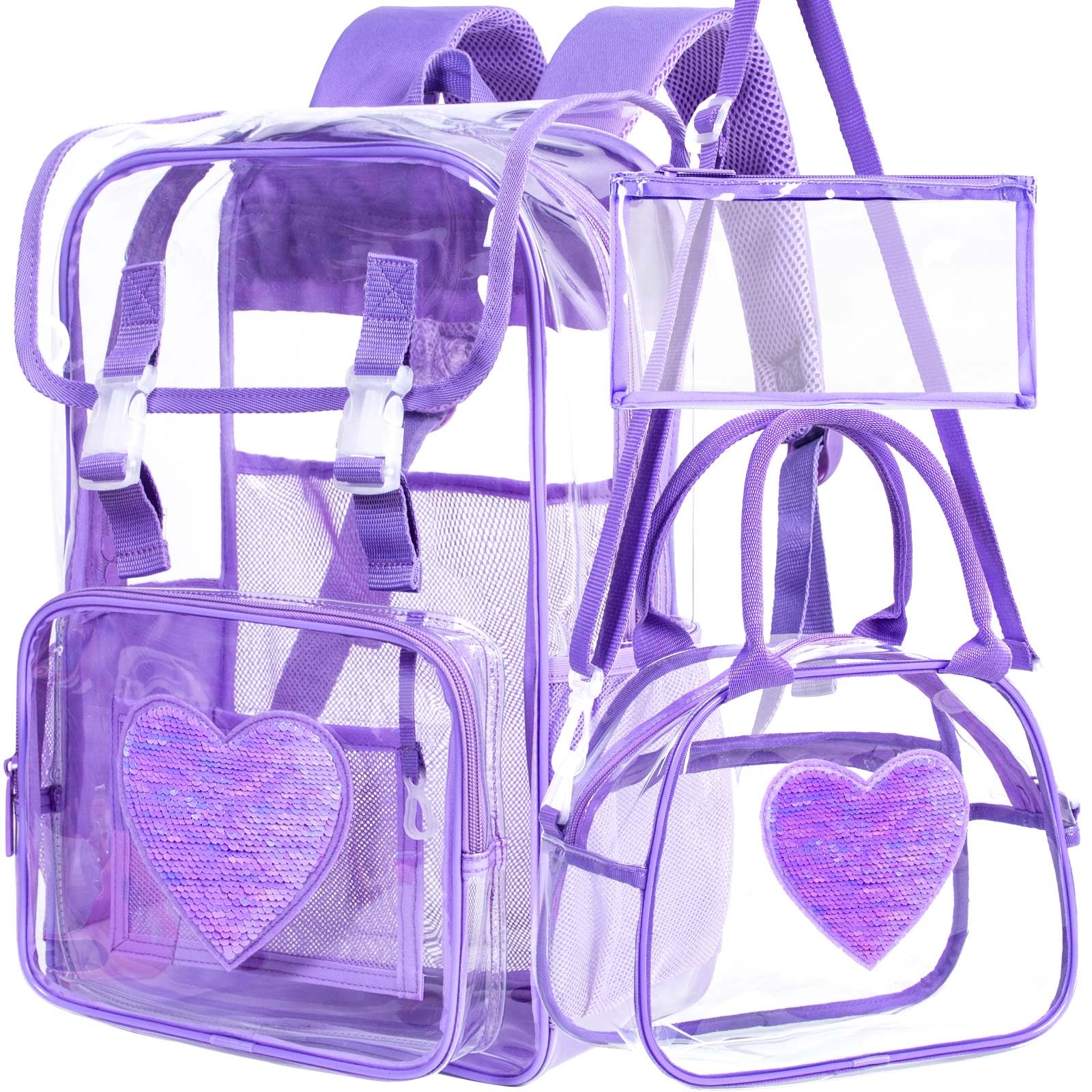 FTJCF 3PCS Clear Backpack, Heavy Duty Transparent Bookbag for Girls Women, Stadium Approved See Through Backpack Set (Purple Sequins)