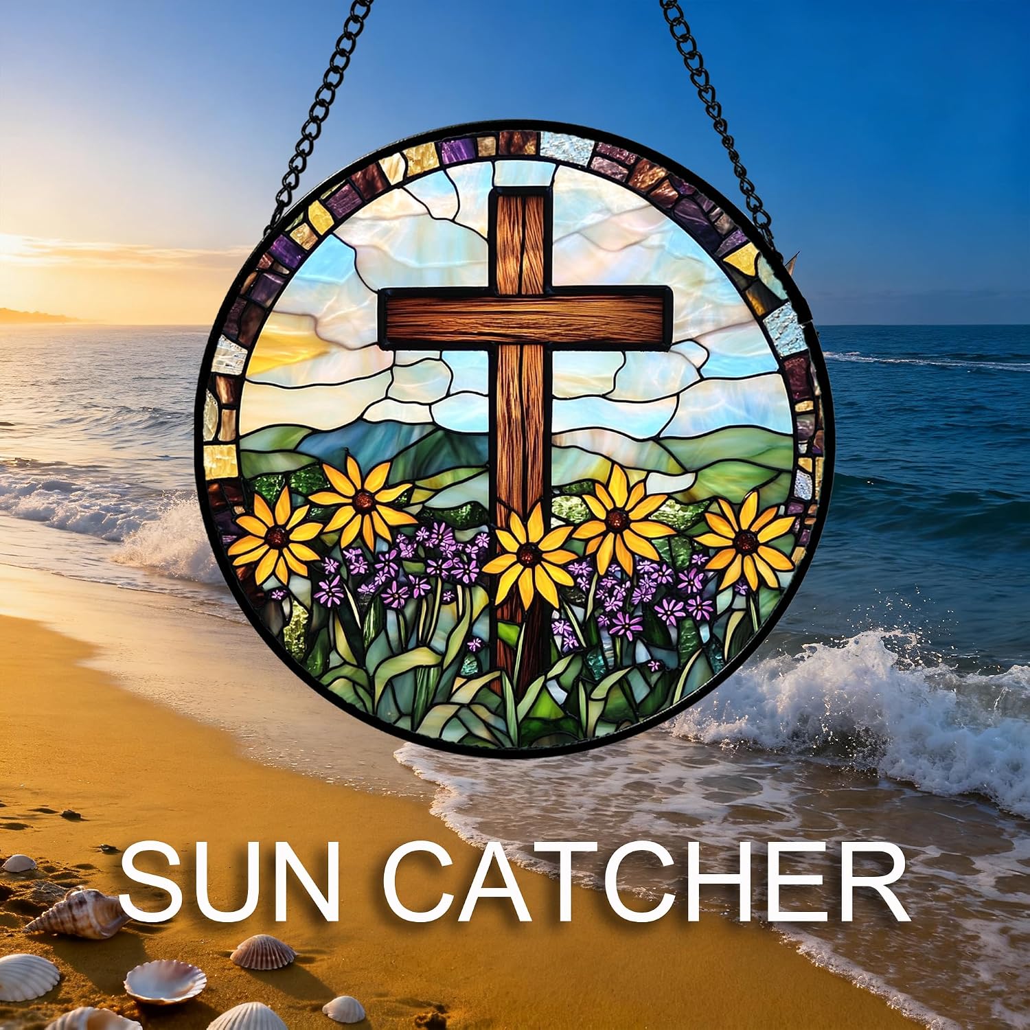 DASTOLL Christian Gifts for Women - Cross Stained Glass Window Hanging Easter Yellow Purple Wildflowers Sun Catcher Garden Religion Decor Mother's Day Catholic Gift for Men Grandma Nana Her Mom 6.3"