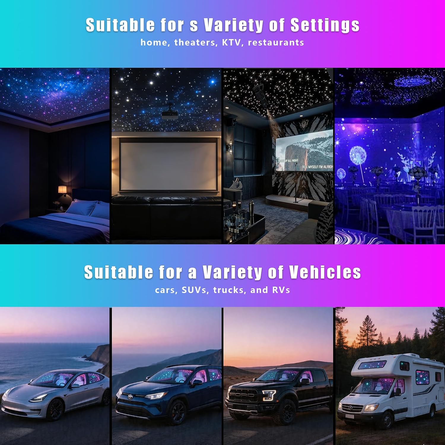 Split Starlight Headliner Kit, 1000pcs 0.02in 6.5ft Fiber Optic RGBW Star Lights for Car with 4 Light Heads, APP & Remote Control, Sound Activated for Car Roof Ceiling Home Decor