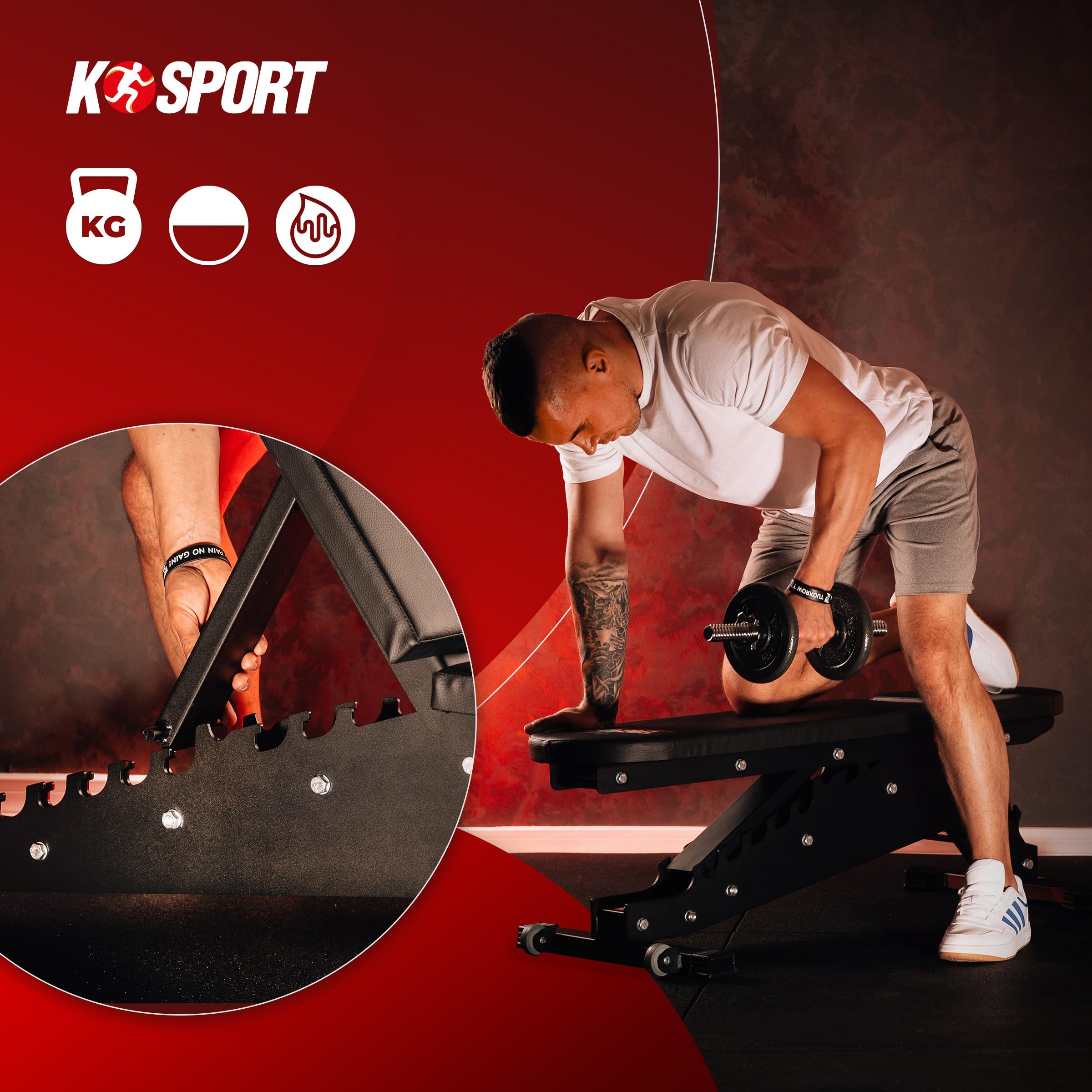 K-Sport: * Black Line * – Panca professionale | Panca professionale di alta qualità fino a 375 kg | Panca multifunzione regolabile in più posizioni, panca inclinata e panca piatta