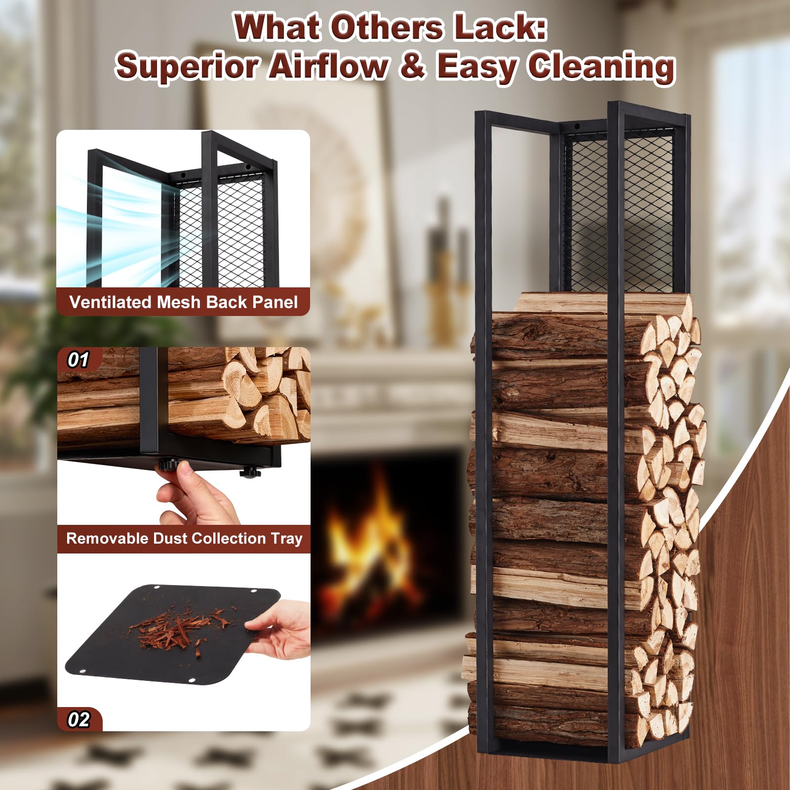 Metall Kaminholzregal Innen mit Rückwand, Wand Brennholzregal Innen 100 cm Kaminholzständer Feuerholzregal Schwarz für Kaminholz Brennholz, Kaminholzhalter Kaminholzlager innen & außen