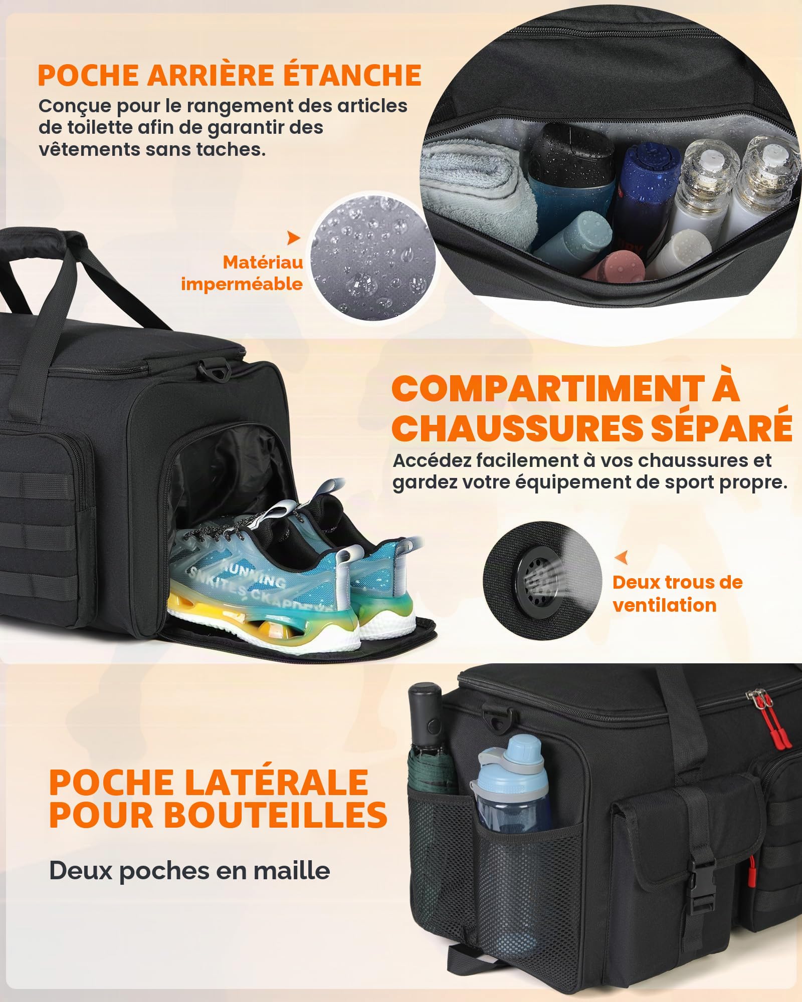 RAINSMORE 3 en 1 Sac de Sport Homme 45L Sacs de Voyage Sac de Weekend | Sac Cabine Bagage avec Fonction Sac à Dos 45L avec Compartiments Chaussures et Ordinateur Portable