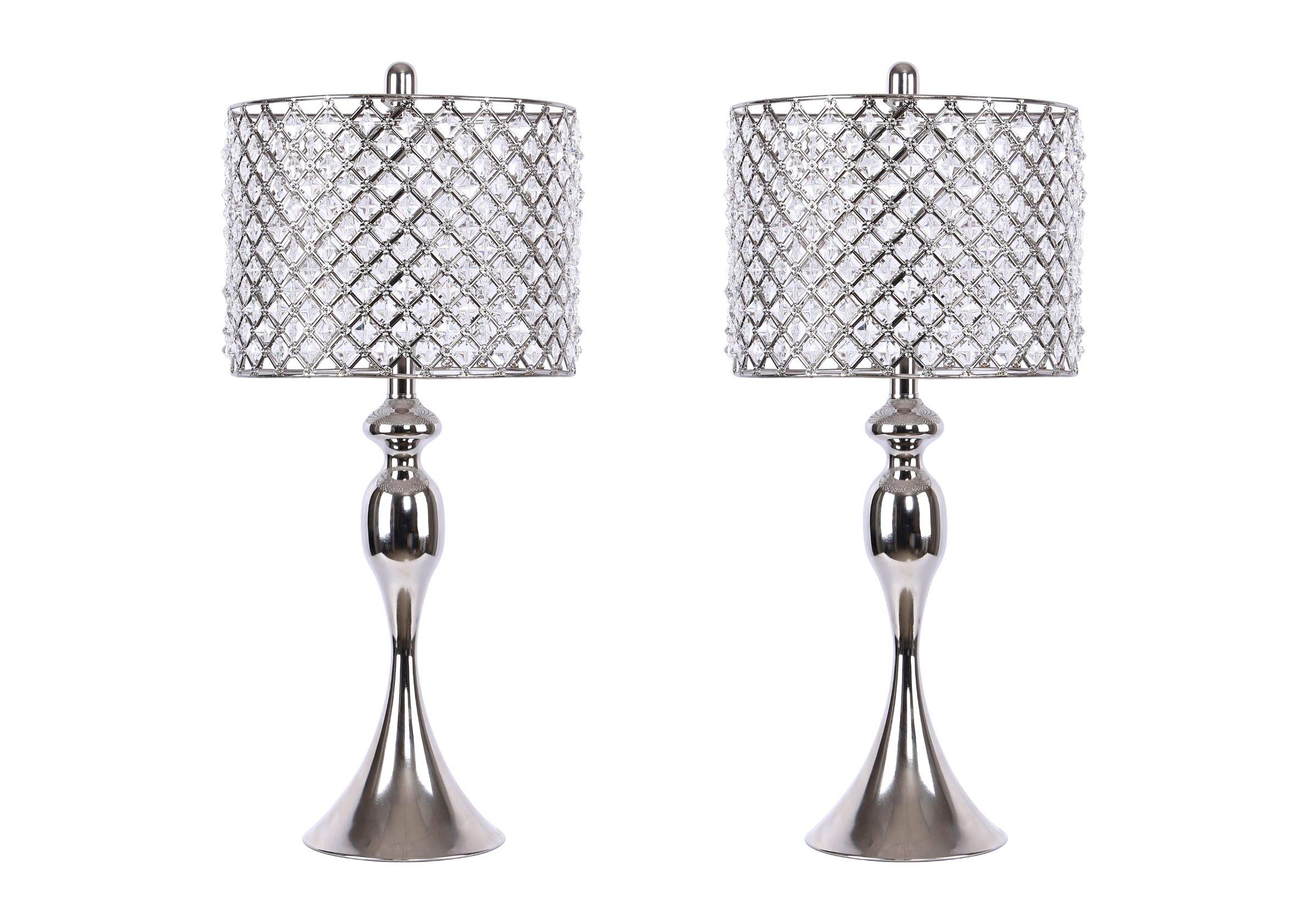 Grandview Gallery Polished Nickel Table Lamp w/Sleek Curvy Body & Crystalline Polished Nickel Shades (Set of 2)
