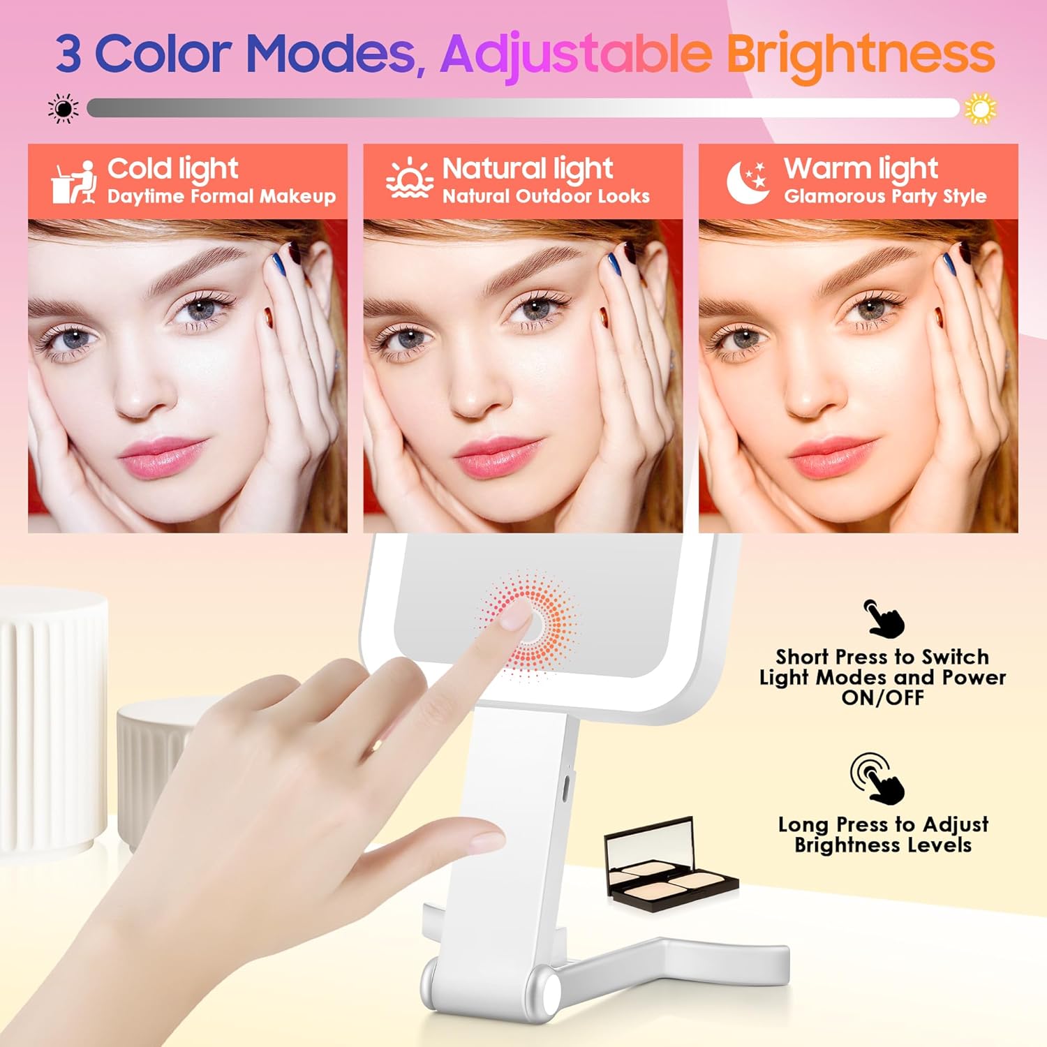 Magnifying Travel Mirror with Light, 30X/1X Double-Sided Magnifying Mirror with 3 Color Lights, Brightness Adjustable, Foldable Handheld Makeup Mirrors Portable for Travel and Desktop Use - Image 4