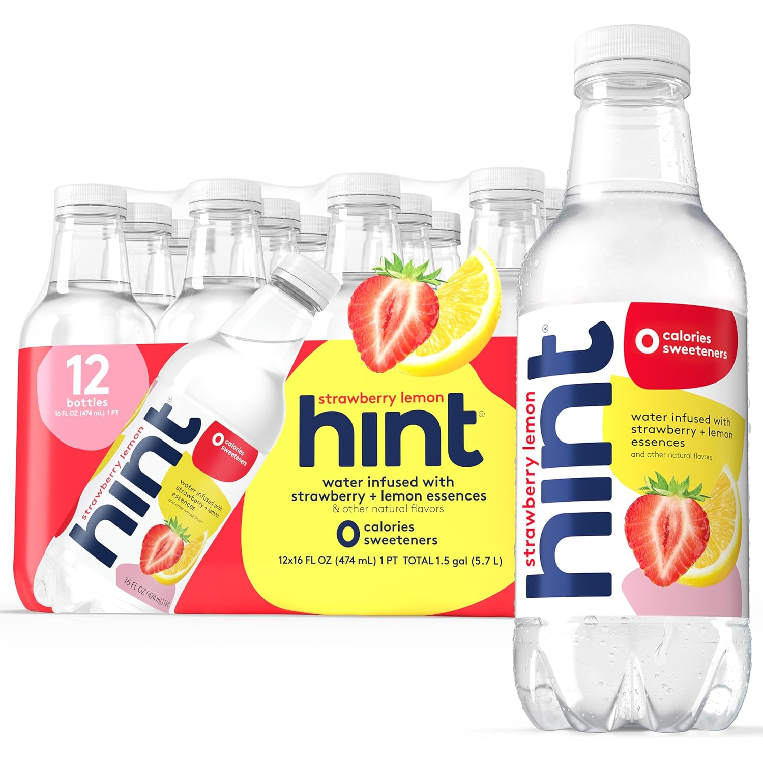 Hint Water Strawberry Lemon, Pure Water Infused with Strawberry and Lemon, Zero Sugar, Zero Calories, Zero Sweeteners, Zero Preservatives, Zero Artificial Flavors,16 Ounce Bottles, (Pack of 12) Strawberry Lemon 16 Fl Oz (Pack of 12)