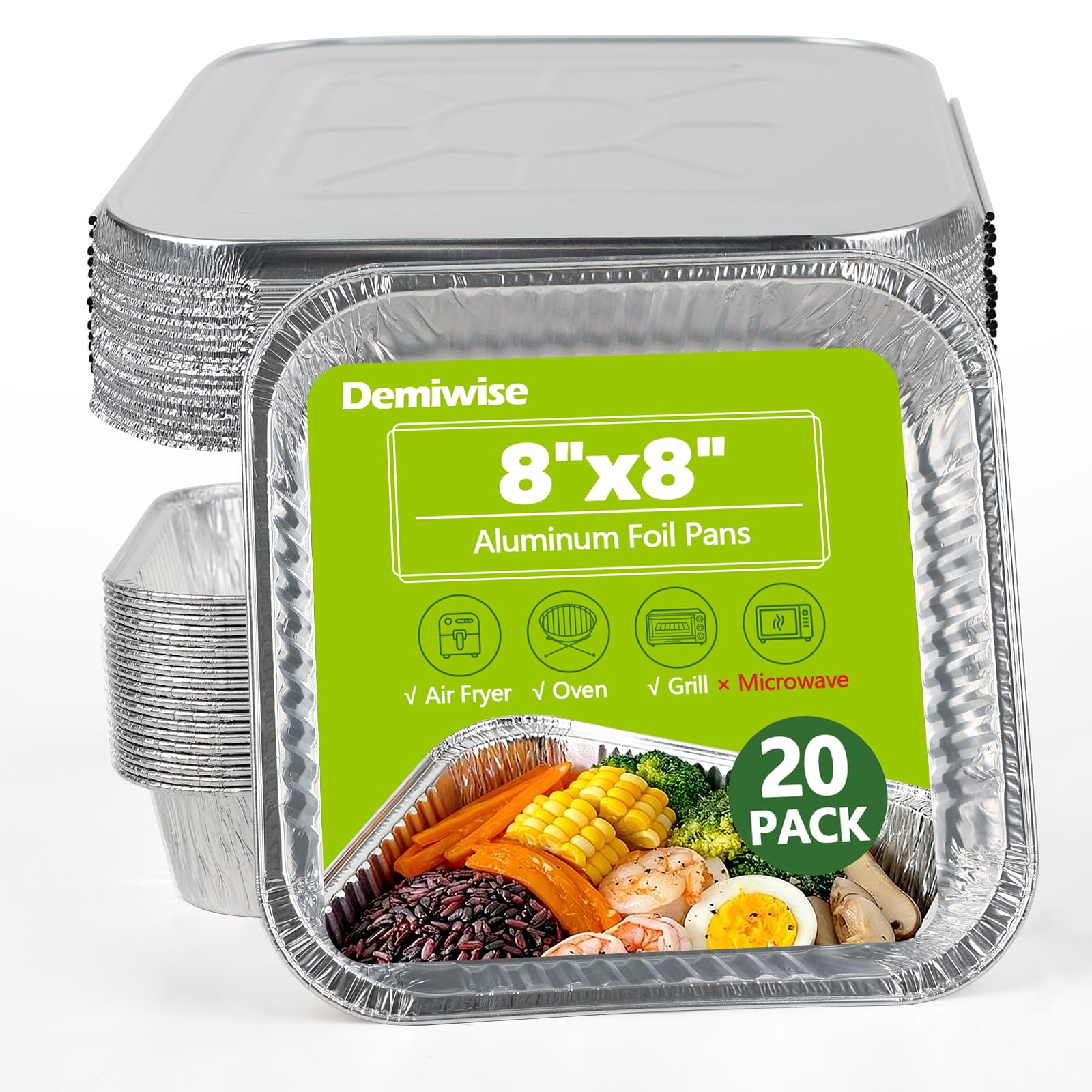 Thickened 20 Pack Heavy Duty Aluminum Pans with Lids, 8x8 Square Disposable Aluminum Baking Pans, Small Foil Pans with lids for Cooking, Meal Prep, Catering, Events, Carton Packaging