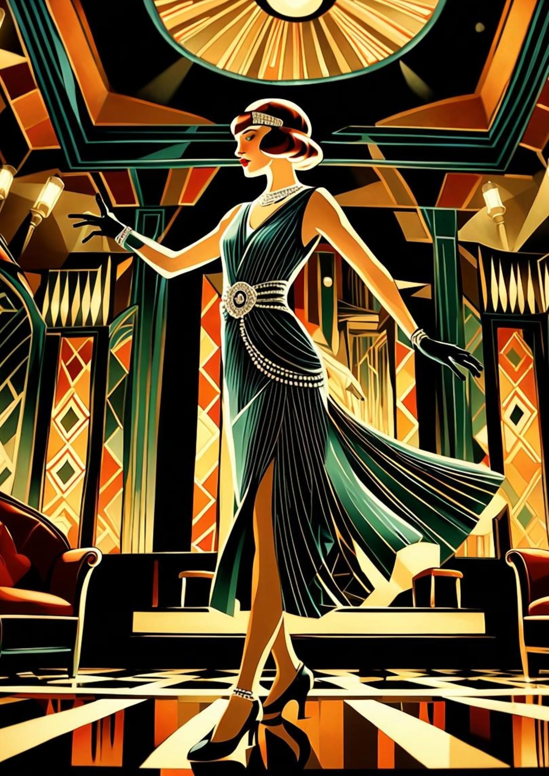 Art Deco Wall Art Print, 1920s Vintage Style woman/flapper girl dancing Illustration, Geometric Pattern Background. Size A4