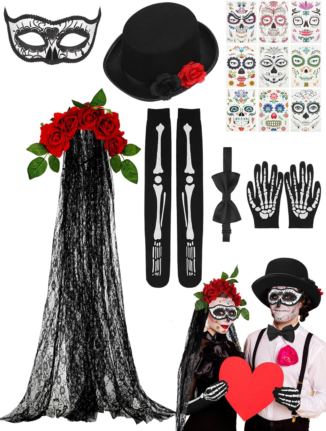 Toulite 16 Pcs Halloween Day of The Dead Costumes Set Women Headband Long Arm Skeleton Gloves Floral Eye Mask and Men Hat Bow Tie Short Arm Gloves Temporary Face Tattoo for Halloween Cosplay Party
